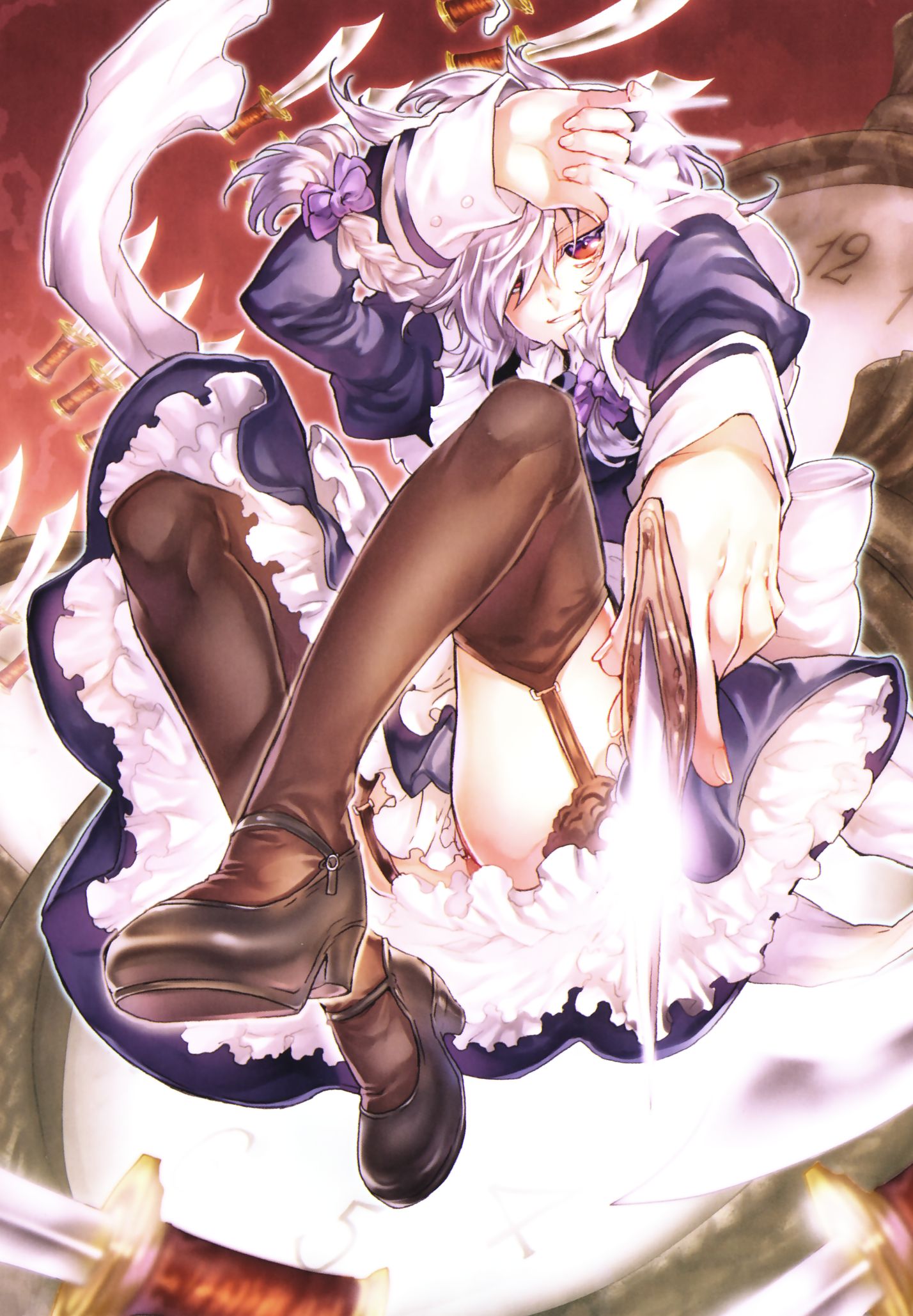 tenkuu sphere, izayoi sakuya, embodiment of scarlet devil, touhou, silver hair, artist request, highres, 1girl, braid, female focus, full body, knife, maid, red eyes, short hair, smile, solo, thighhighs, throwing knife, twin braids, weapon