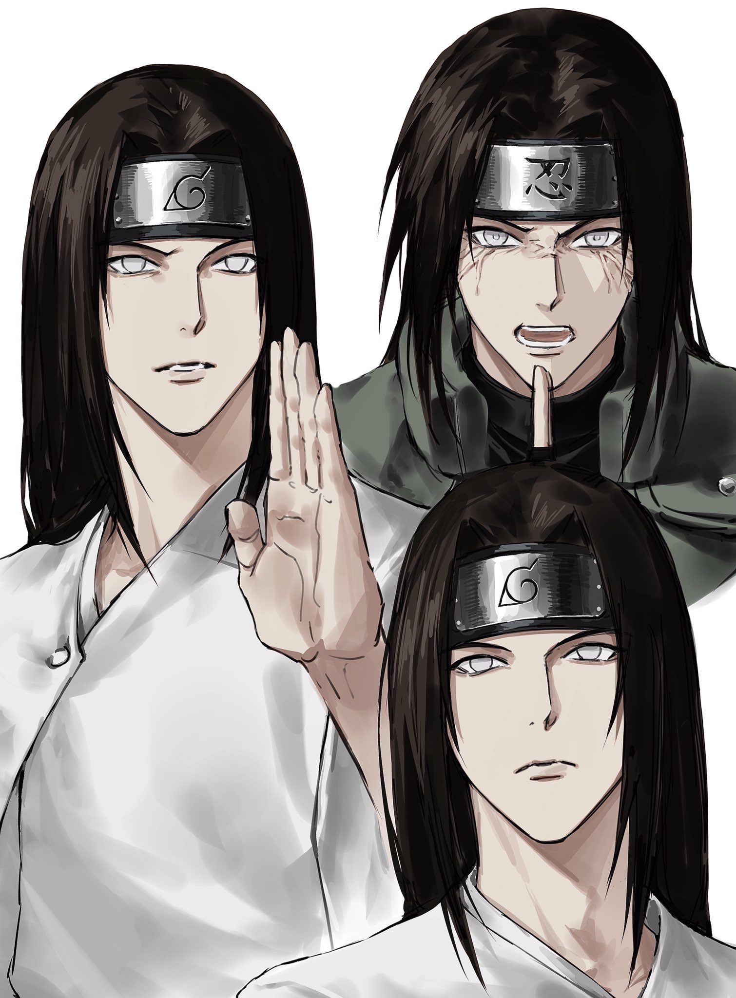 sso s, hyuuga neji, naruto (series), highres, 1boy, brown hair, byakugan, closed mouth, forehead protector, konohagakure shinobi uniform, konohagakure symbol, long hair, looking at viewer, male focus, open mouth, simple background, teeth, veiny face, white background, white eyes