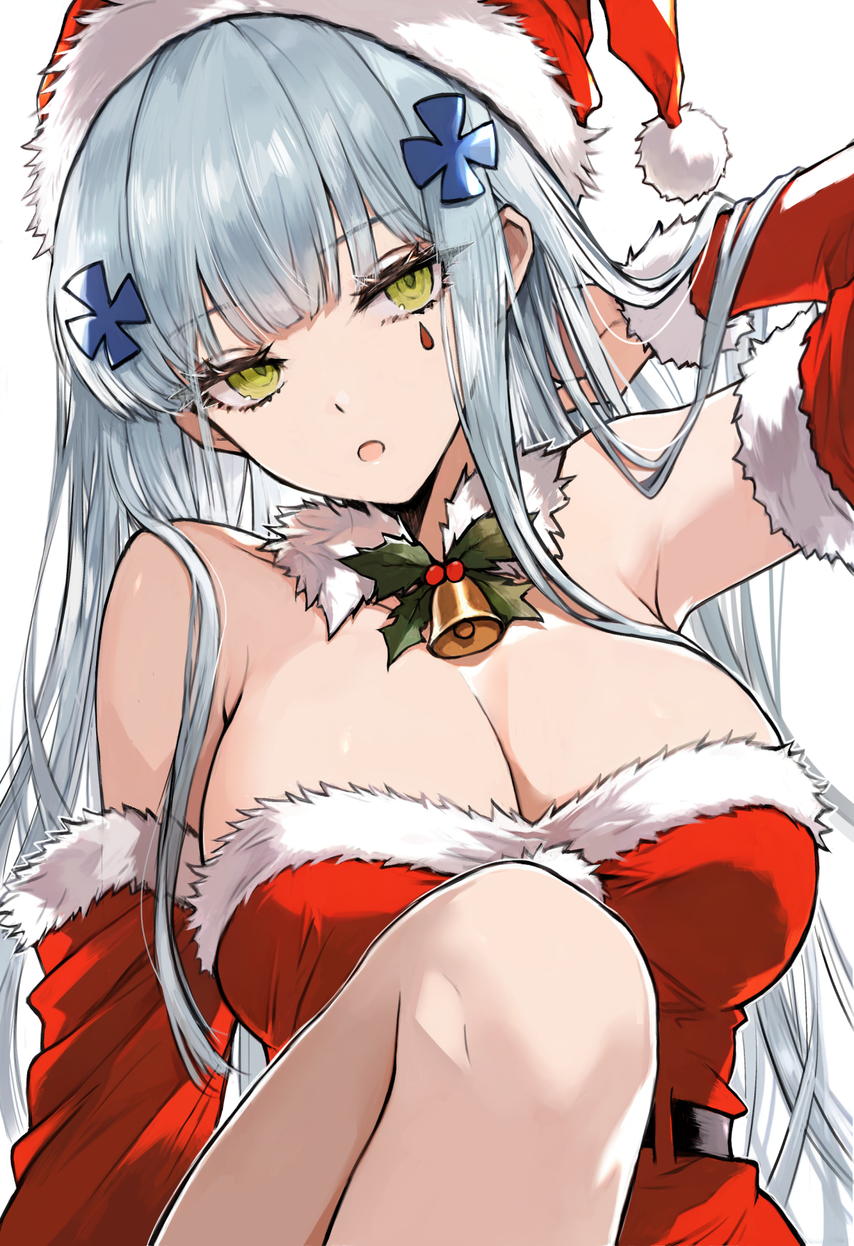 yu 416416, hk416 (girls' frontline), girls' frontline, commentary request, highres, 1girl, alternate costume, bare shoulders, bell, breasts, cleavage, detached sleeves, dress, facial mark, fur-trimmed dress, fur-trimmed headwear, fur-trimmed sleeves, fur trim, green eyes, grey hair, hair ornament, hand in own hair, hat, large breasts, long hair, long sleeves, looking at viewer, neck bell, parted lips, red dress, santa costume, santa dress, santa hat, sidelocks, solo, teardrop facial mark, upper body, white background