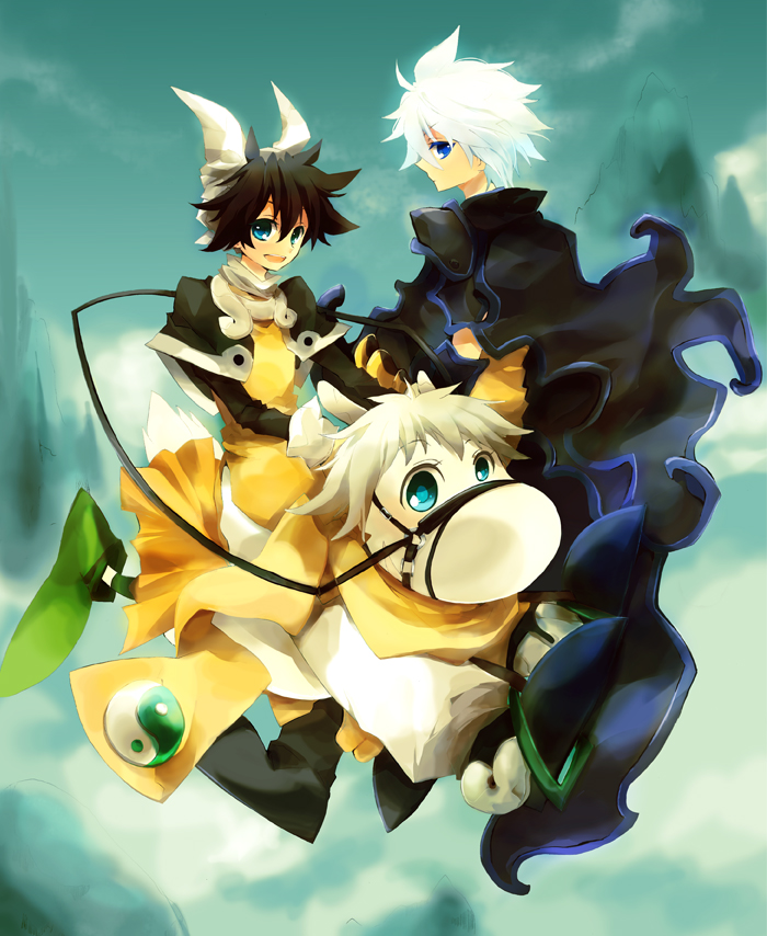 shichi, suupuushan, taikoubou, houshin engi, bad id, bad pixiv id, 1990s (style), 2boys, black hair, blue eyes, bridle, dual persona, gloves, gradient background, male focus, multiple boys, outdoors, retro artstyle, robe, short hair, sky, time paradox, white hair