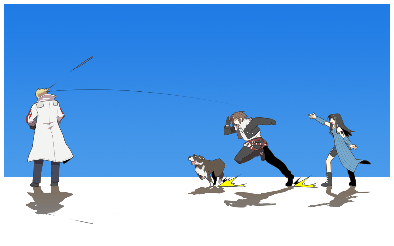 32nd, seiji (pixiv), angelo (ff8), rinoa heartilly, seifer almasy, squall leonhart, final fantasy, final fantasy viii, bad id, bad pixiv id, 1990s (style), 1girl, 2boys, angelo (final fantasy viii), black hair, blonde hair, brown hair, dog, long hair, multiple boys, open mouth, retro artstyle, running, shadow, smile, throwing