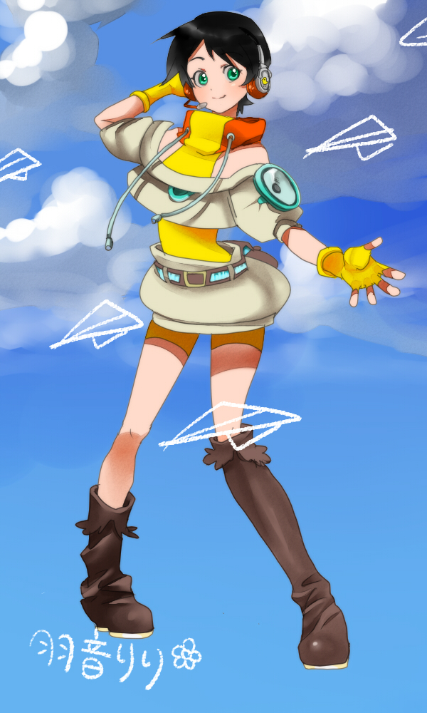 agata no michi, hane riri, utau, 1girl, belt, black hair, boots, female focus, fingerless gloves, full body, gloves, green eyes, headphones, headset, legs, outdoors, short hair, skirt, sky, smile, solo