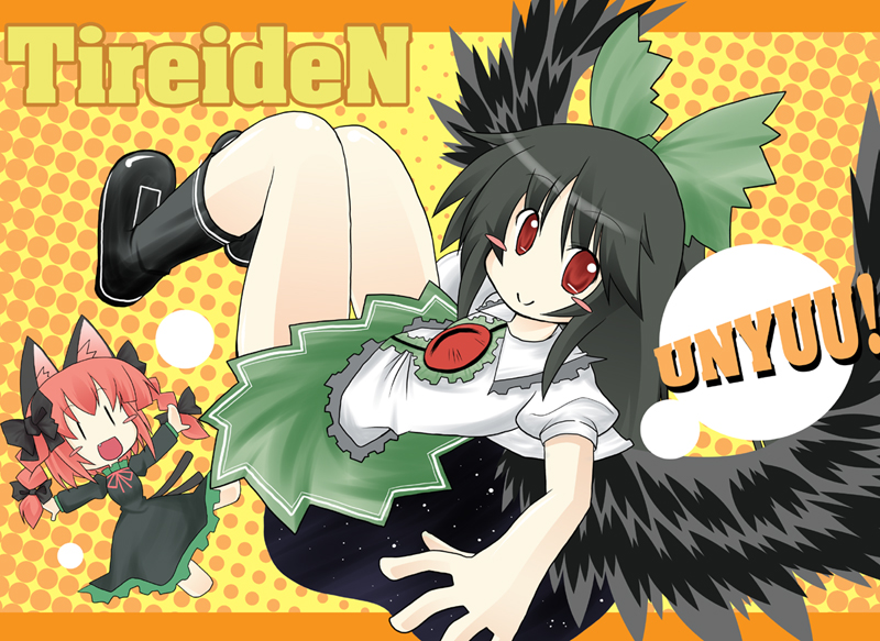 kawamuraya, kaenbyou rin, reiuji utsuho, touhou, 2girls, animal ears, black hair, blouse, bow, braid, cape, cat ears, cat girl, female focus, hair bow, multiple girls, red eyes, red hair, shirt, skirt, smile, twin braids, unyu, wings