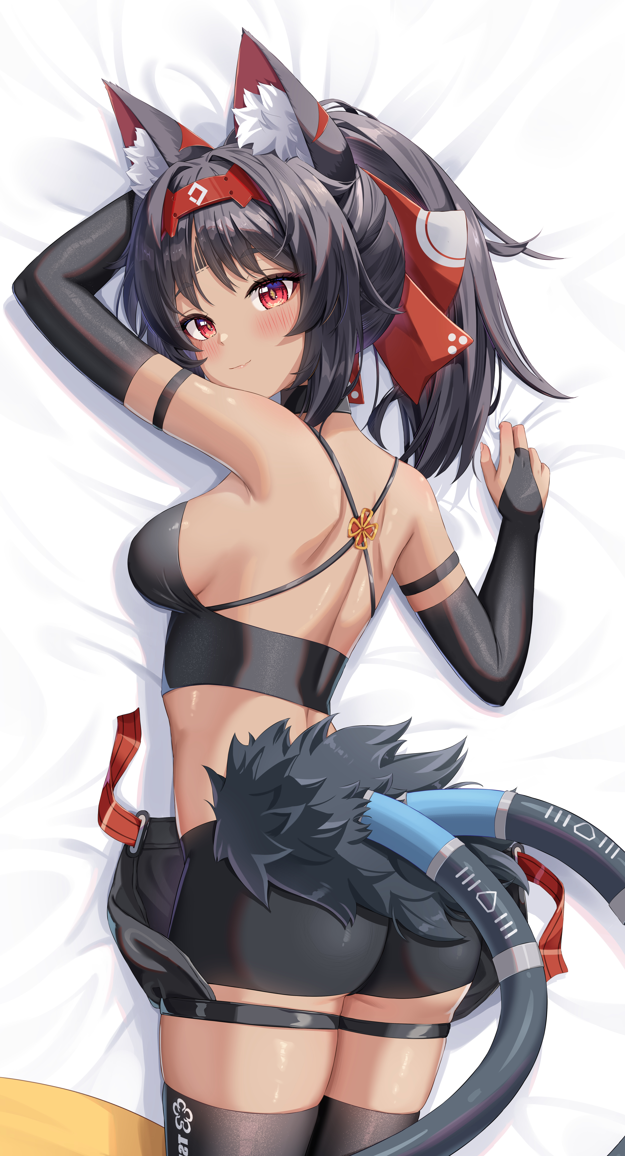 dokimaru, nekomiya mana, zenless zone zero, absurdres, highres, 1girl, animal ear fluff, animal ears, ass, bed sheet, bike shorts, black shirt, black shorts, breasts, bridal gauntlets, cable, cable tail, cat ears, cat girl, cat tail, dakimakura (medium), facial mark, forehead mark, forehead tattoo, hairband, looking at viewer, mechanical tail, medium breasts, multiple tails, nekomata, red hairband, shirt, shorts, tail, tattoo, triangle, triangle facial mark, two tails