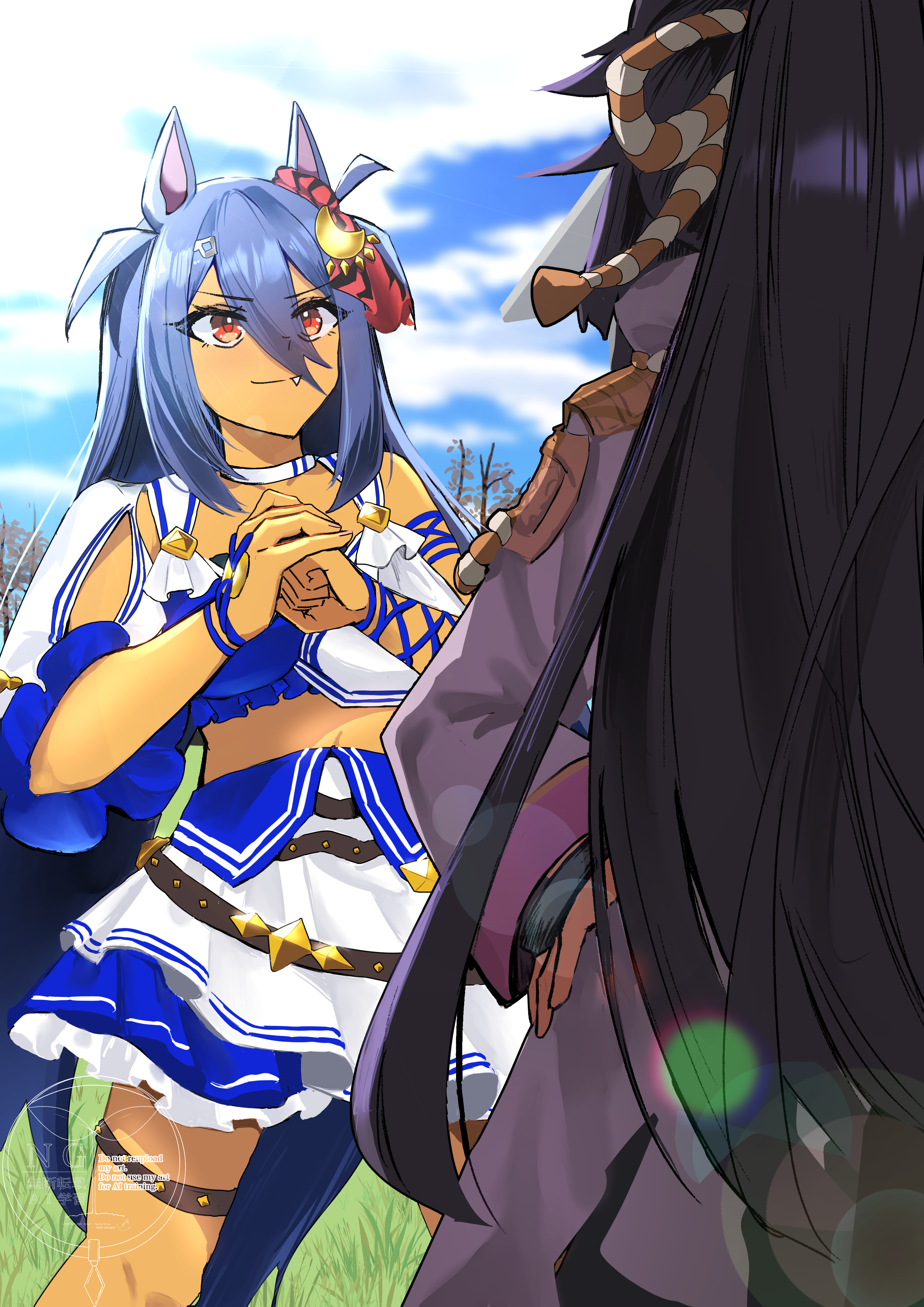 naegi happy, hishi amazon (azure amazon) (umamusume), hishi amazon (umamusume), narita brian (maverick) (umamusume), narita brian (umamusume), umamusume, absurdres, highres, 2girls, animal ears, bandaid, bandeau, black hair, blue bandeau, blue sky, breasts, choker, closed mouth, cloud, cracking knuckles, dark-skinned female, dark skin, ear ornament, ear scrunchie, fang, hair between eyes, hair ornament, hairclip, horse ears, horse girl, horse tail, jacket, long hair, long sleeves, midriff, multiple girls, navel, outdoors, ponytail, red eyes, red scrunchie, scrunchie, single sleeve, skirt, sky, smile, striped clothes, striped scrunchie, tail, thigh strap, two-tone bandeau, two-tone shirt, two-tone skirt, very long hair, white bandeau, white choker, white skirt