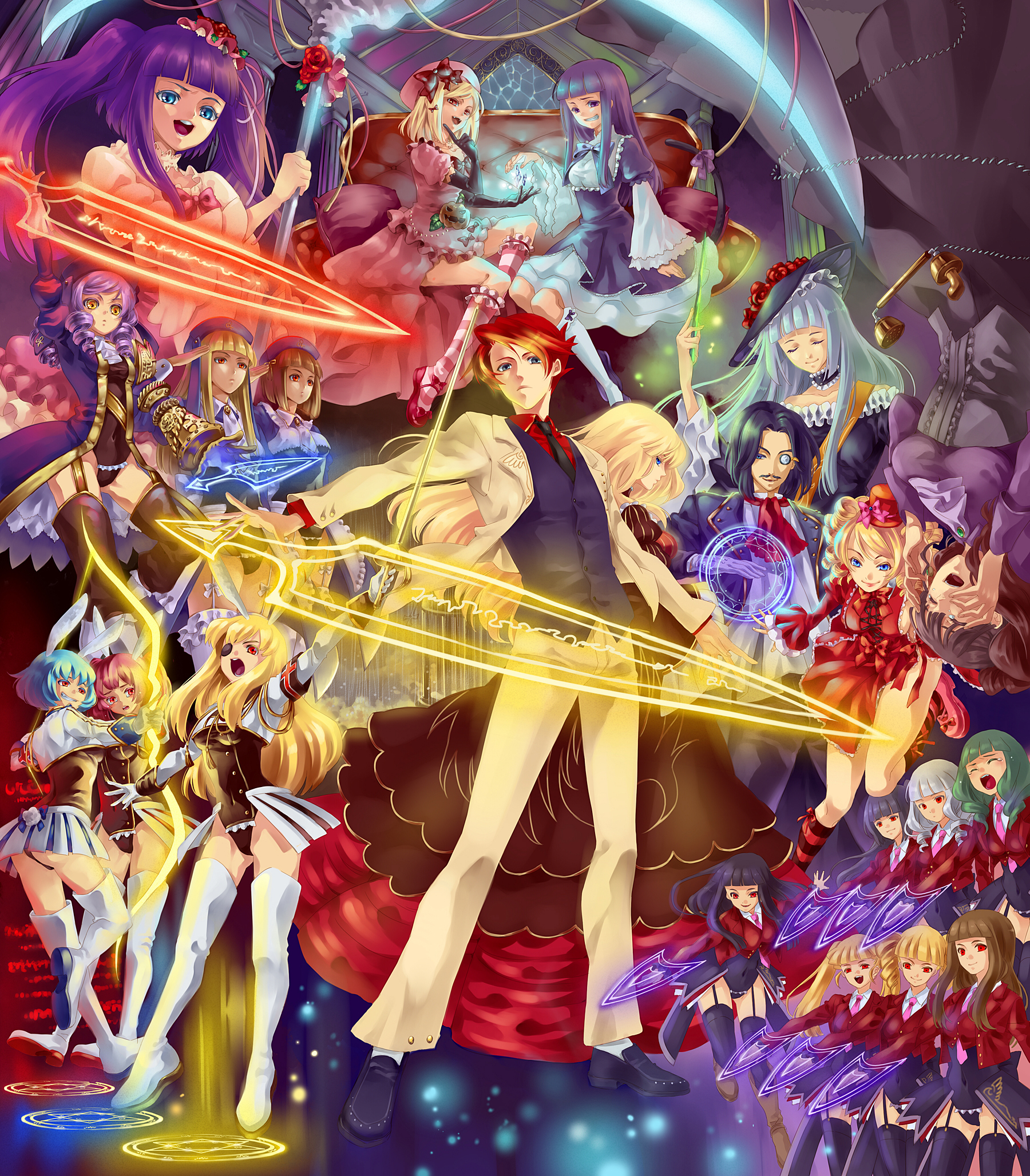 bangoul, ryukishi07, asmodeus (umineko), beatrice (umineko), beelzebub (umineko), belphegor (umineko), chiester00, chiester410, chiester45, chiester sisters, cornelia (umineko), dlanor a. knox, eiserne jungfrau, frederica bernkastel, furudo erika, gaap (umineko), gertrude (umineko), lambdadelta, leviathan (umineko), lucifer (umineko), mammon (umineko), ronove (umineko), satan (umineko), stakes of purgatory, ushiromiya battler, ushiromiya natsuhi, virgilia (umineko), no naku koro ni (series), umineko no naku koro ni, frilled legwear, silver hair, striped legwear, bad id, bad pixiv id, highres, 00s, 2boys, 6+girls, animal ears, antique phone, black hair, blonde hair, blue eyes, blue hair, boots, bow, bowtie, brown hair, choker, closed eyes, corded phone, dress, drill hair, elbow gloves, eyepatch, flower, frills, garter straps, gloves, green hair, grin, hat, kneehighs, long hair, mini hat, mini top hat, monocle, multiple boys, multiple girls, necktie, orange eyes, phone, pink bow, pink hair, pink necktie, ponytail, purple eyes, purple hair, rabbit ears, rabbit tail, red eyes, red hair, ribbon, rose, rotary phone, scythe, short hair, showgirl skirt, smile, socks, striped clothes, striped thighhighs, sword, tail, tears, thighhighs, top hat, twintails, vest, wand, weapon, yellow eyes