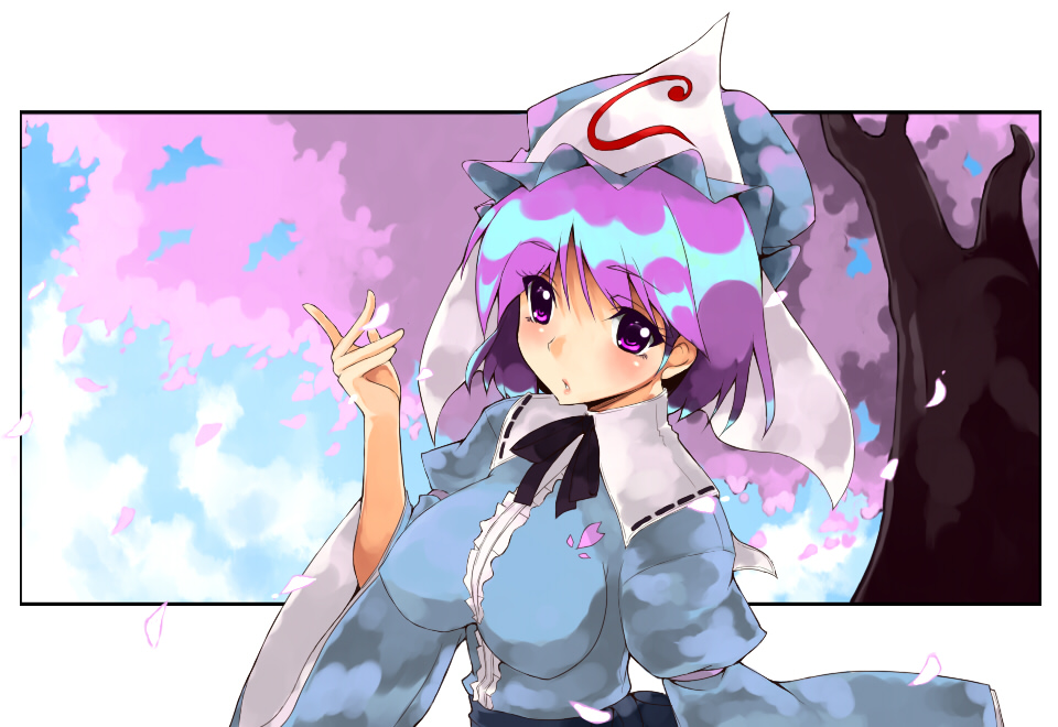 yuuki (ashitahare), saigyouji yuyuko, touhou, bad id, bad pixiv id, 1girl, breasts, cherry blossoms, female focus, hat, nature, outdoors, pink eyes, pink hair, sky, solo