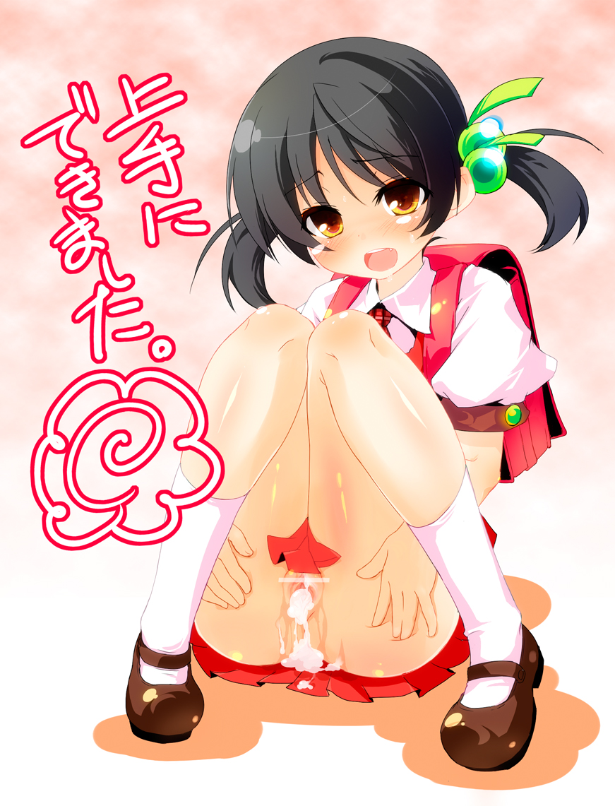 sw (taco), kaai yuki, vocaloid, translated, 1girl, backpack, bag, black hair, blush, brown eyes, censored, cum, cum in pussy, female focus, hair bobbles, hair ornament, loli, mary janes, pussy, randoseru, school uniform, shoes, short hair, solo, tears, twintails, yellow eyes