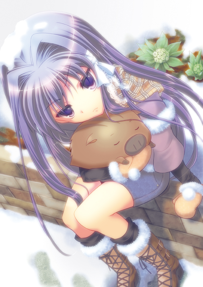izumi (sachikara), botan (clannad), fujibayashi kyou, clannad, bad id, bad pixiv id, 00s, boar, boots, foreshortening, frown, hair intakes, hair ribbon, head tilt, lace-up boots, long hair, mittens, purple eyes, purple hair, ribbon, scarf, sitting, skirt, snow, solo, tsurime