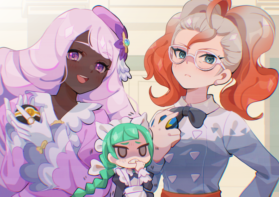 mizuiro123, griselle (pokemon), jacinthe (pokemon), lebanne (pokemon), nintendo, pokemon, pokemon legends: z-a, 3girls, apron, black bow, black bowtie, black romper, blue eyes, blunt bangs, blush, bow, bowtie, braid, braided ponytail, breasts, closed mouth, dark-skinned female, dark skin, dress, fascinator, glasses, gloves, gradient hair, green hair, hair ornament, holding, holding poke ball, juliet sleeves, long braid, long hair, long sleeves, looking at viewer, luxury ball, maid, maid apron, maid headdress, mega stone, multicolored hair, multiple girls, open mouth, orange hair, poke ball, ponytail, puffy sleeves, purple dress, purple eyes, purple hair, quick ball, red hair, romper, shirt, smile, teeth, tsurime, two-tone hair, very dark skin, white-framed eyewear, white bow, white bowtie, white gloves, white hair, white shirt