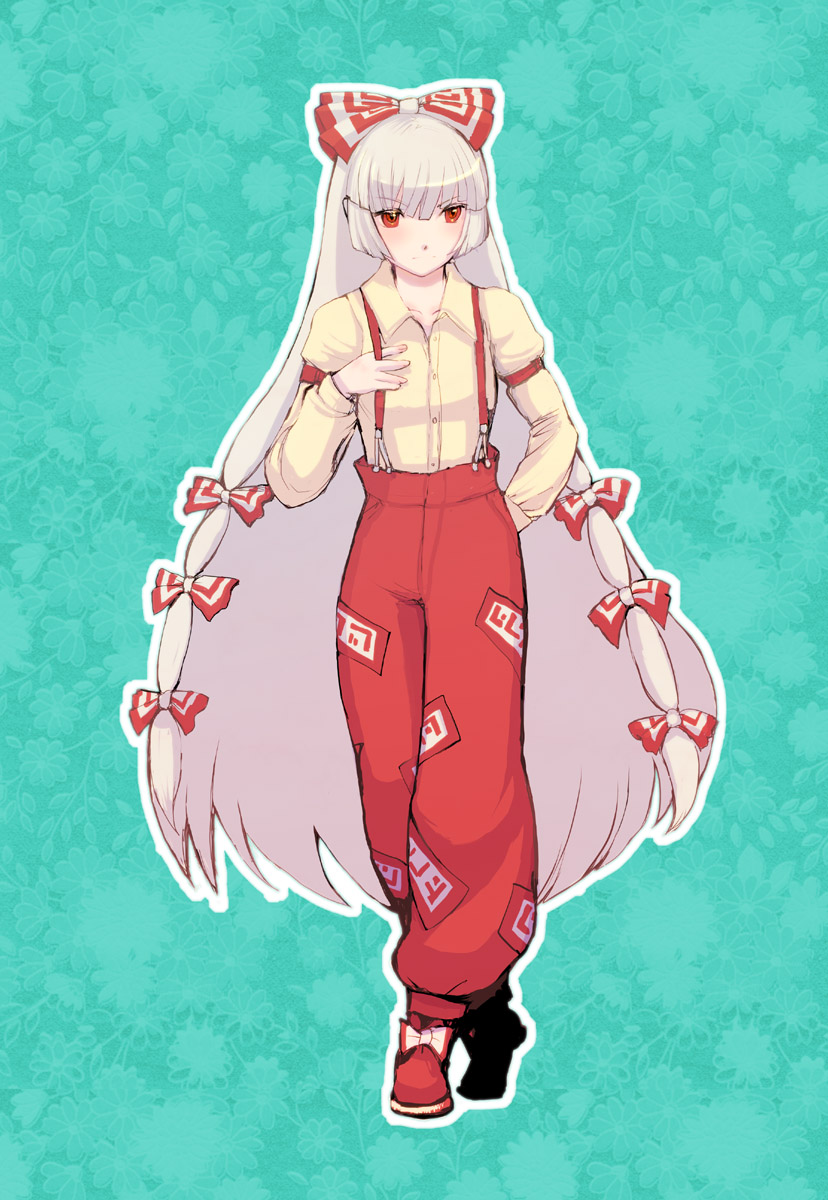 raiz, fujiwara no mokou, touhou, bad id, bad pixiv id, highres, 1girl, female focus, full body, long hair, red eyes, solo, standing, suspenders, white hair