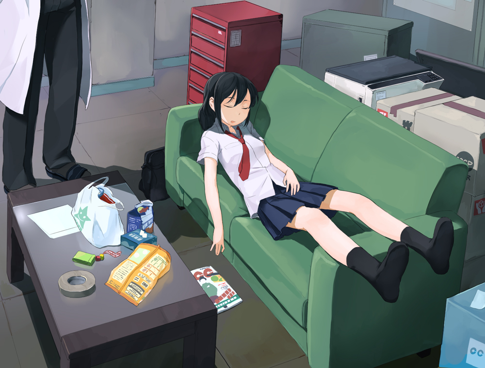 amagasaki, original, black hair, couch, feet, food, necktie, school uniform, sleeping, socks, solo