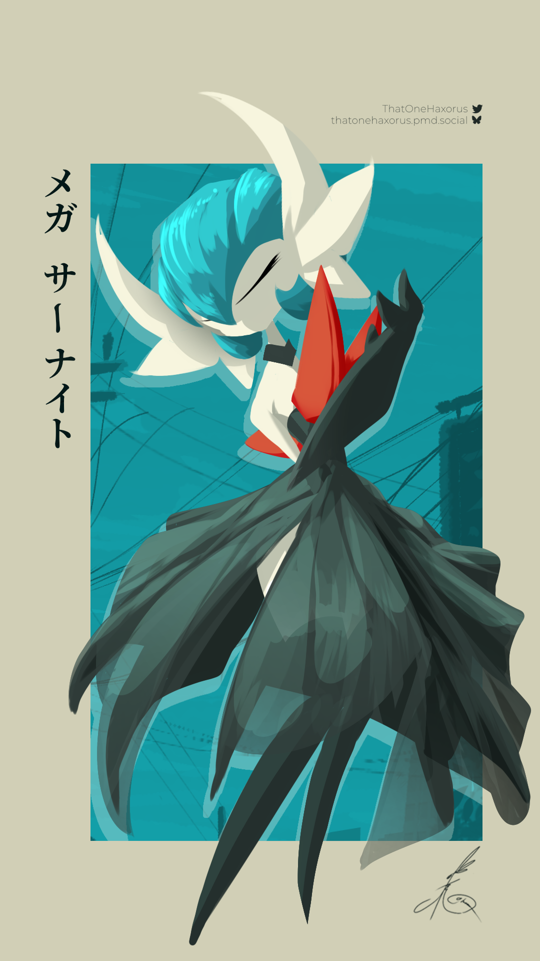 thatonehaxorus, gardevoir, mega gardevoir, nintendo, pokemon, translated, 1girl, alternate color, artist name, bare shoulders, black dress, black gloves, black thighhighs, blue background, blue hair, bluesky logo, bluesky username, bob cut, border, character name, closed eyes, clothed pokemon, colored skin, detached collar, dress, drop shadow, elbow gloves, female focus, flat chest, full body, gen 3 pokemon, gloves, grey border, hair over one eye, hand up, japanese text, knees together feet apart, long dress, mega pokemon, no feet, no lineart, no mouth, one eye covered, outside border, pokemon (creature), shiny pokemon, short hair, side slit, signature, solo, standing, strapless, strapless dress, thighhighs, twitter logo, twitter username, u u, white skin