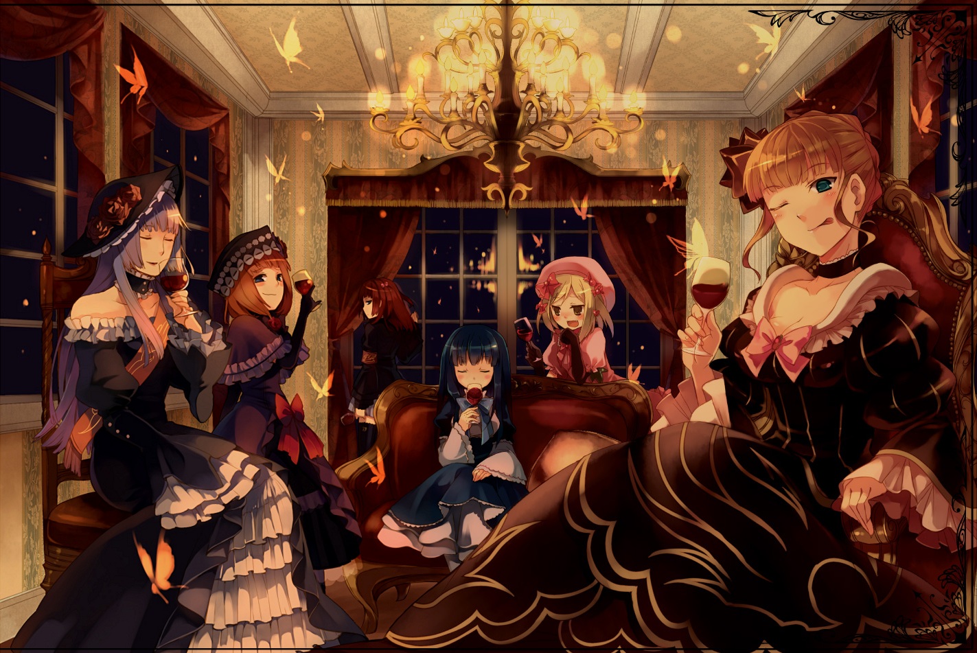 hanokage, suzushiro kurumi, beatrice (umineko), eva beatrice, frederica bernkastel, lambdadelta, ushiromiya ange, virgilia (umineko), umineko no naku koro ni, resolution mismatch, source smaller, 00s, 6+girls, :p, alcohol, blue hair, brown hair, bug, butterfly, chair, chandelier, closed eyes, couch, curtains, dress, frills, goth fashion, hair bobbles, hair ornament, hair ribbon, hat, hime cut, insect, multiple girls, one eye closed, red hair, ribbon, room, tongue, tongue out, too many, window, wine, wink
