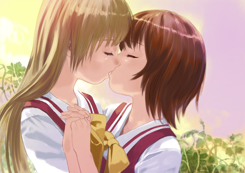 okayu (crosspoint), kurusu tomari, osaragi hazumu, kashimashi, bad id, bad pixiv id, spoilers, 00s, 2girls, alternate hairstyle, blonde hair, brown hair, closed eyes, holding hands, kiss, long hair, multiple girls, school uniform, short hair, yuri