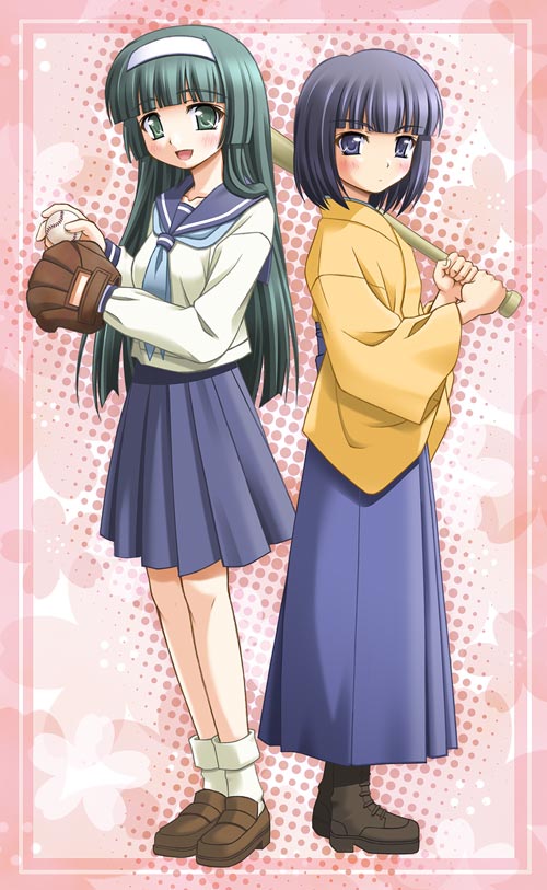 shiumai, ishigaki tamaki, souya yuki, taishou yakyuu musume, 00s, 2girls, baseball, blush, bob cut, green eyes, green hair, hairband, japanese clothes, long hair, multiple girls, purple eyes, purple hair, school uniform, serafuku, short hair