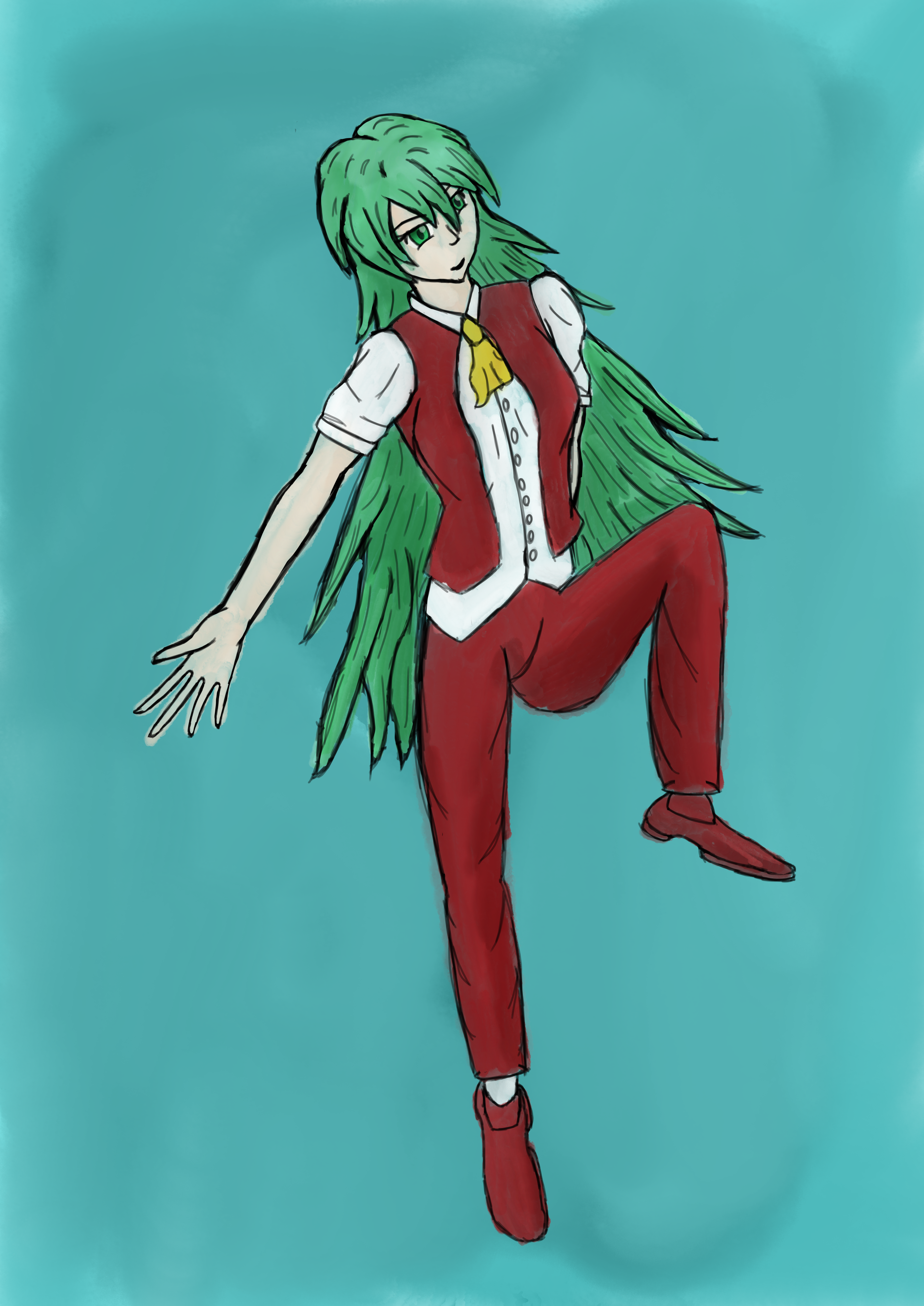 kazami yuuka, kazami yuuka (pc-98), touhou, touhou (pc-98), absurdres, highres, 1girl, ascot, axelliance, blue background, green eyes, green hair, long hair, pants, red pants, red shoes, red vest, shirt, shoes, short sleeves, simple background, solo, vest, white shirt, yellow ascot