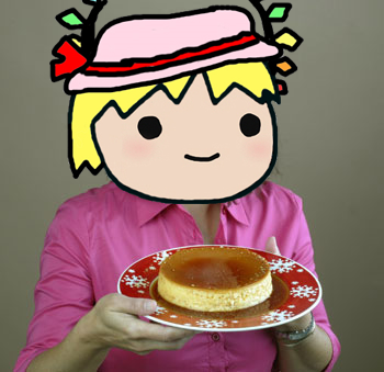 flandre scarlet, touhou, lowres, microsoft paint (medium), photo (medium), third-party edit, female focus, food, pudding, solo