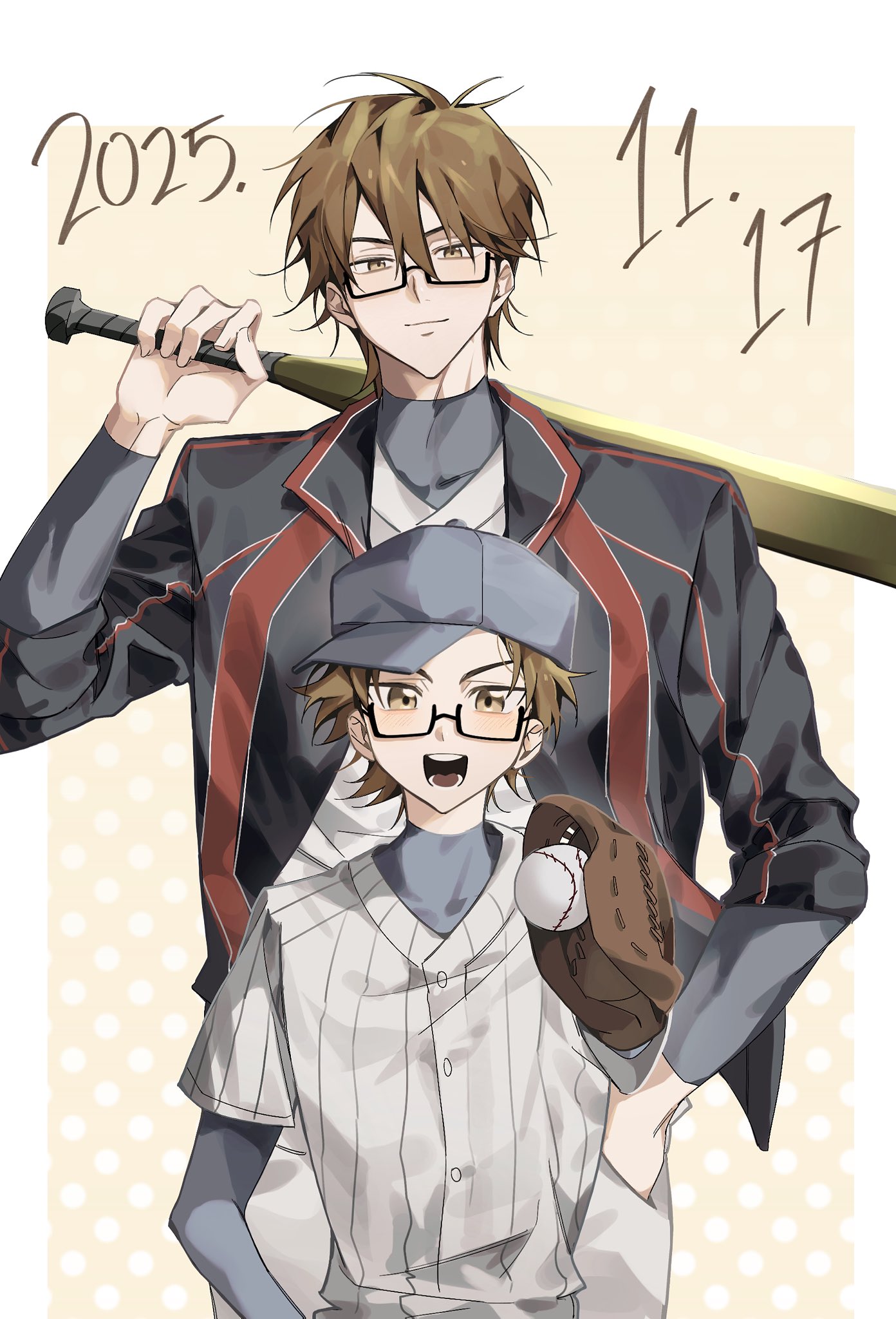 miyuki kazuya, ace of diamond, hashtag-only commentary, highres, 2025, 2boys, age comparison, aged down, ball, baseball (object), baseball bat, baseball cap, baseball glove, baseball uniform, brown eyes, brown hair, closed mouth, compression shirt, dated, glasses, hat, hjok l, holding, holding baseball bat, looking at another, looking at viewer, male focus, multiple boys, open mouth, rectangular eyewear, seidou high school jacket, semi-rimless eyewear, short hair, smile, sportswear, under-rim eyewear, upper body