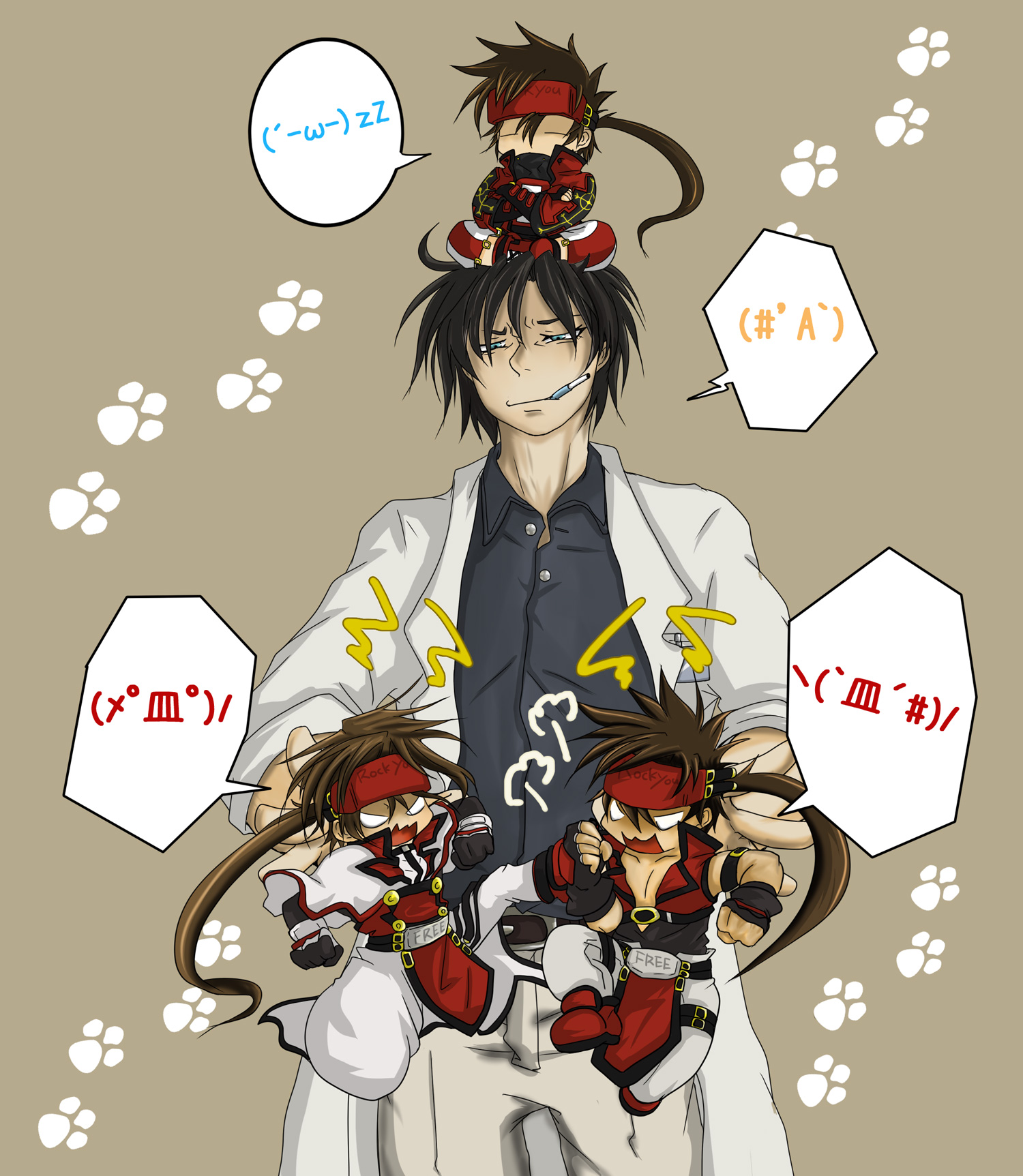 order-sol, order sol, sol badguy, arc system works, guilty gear, guilty gear 2, bad id, bad pixiv id, highres, 4boys, belt, brown hair, chibi, emoticon, lab coat, male focus, multiple boys, multiple persona, ponytail