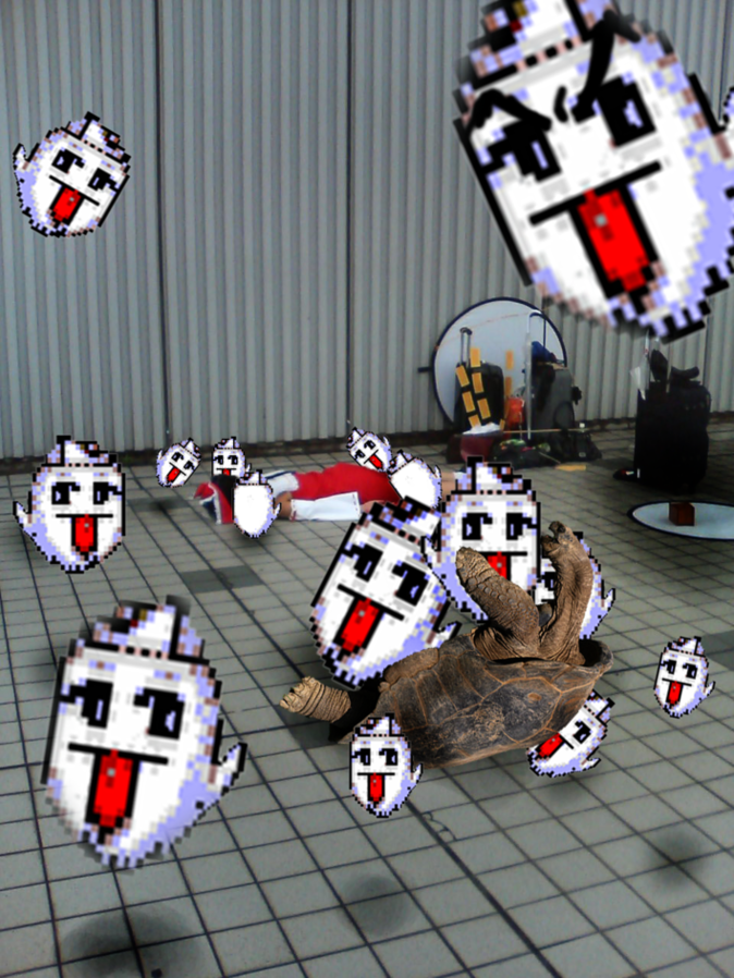 bakebake (touhou), genjii (touhou), hakurei reimu, touhou, touhou (pc-98), photo (medium), third-party edit, death, female focus, ghost, tongue, turtle, what