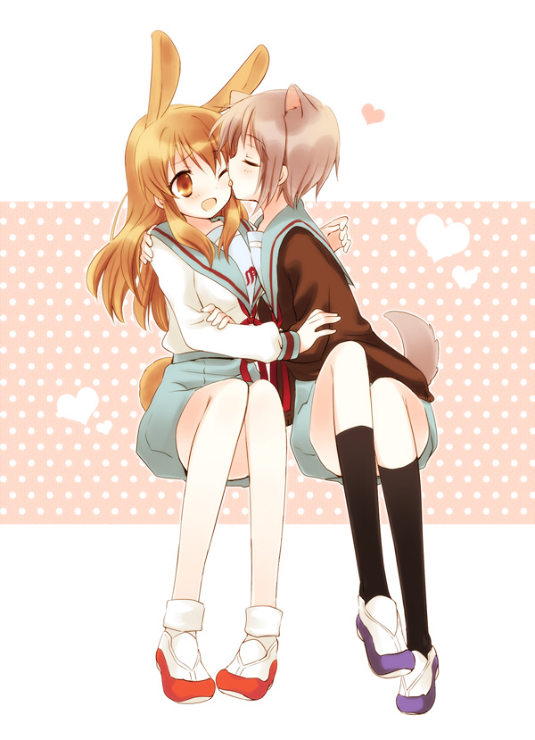 yuuma (omaeno meinichi), asahina mikuru, nagato yuki, suzumiya haruhi no yuuutsu, 00s, animal ears, brown eyes, brown hair, cardigan, closed eyes, dog ears, dog tail, grey hair, legs, licking, long hair, rabbit ears, rabbit tail, school uniform, serafuku, shoes, short hair, tail, uwabaki, yuri