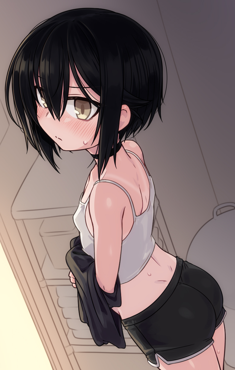 null (nyanpyoun), original, commentary request, highres, 1girl, ass, bare shoulders, bathroom, black hair, black shorts, blush, breasts, brown eyes, closed mouth, from side, hair between eyes, holding cloth, indoors, looking back, short hair, shorts, small breasts, solo, standing, sweatdrop, tan, tank top, tanline, undressing, white tank top