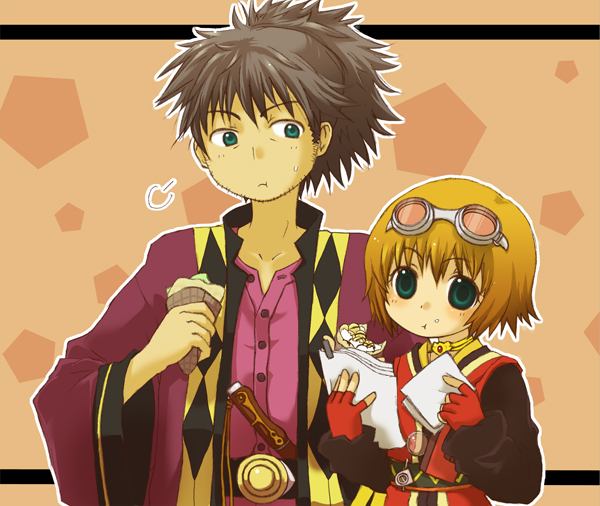 gari (lilac), raven (tales), rita mordio, tales of (series), tales of vesperia, bad id, bad pixiv id, 00s, 1boy, 1girl, :t, black hair, brown hair, choker, eating, food, gloves, goggles, green eyes, orange background, ponytail, short hair