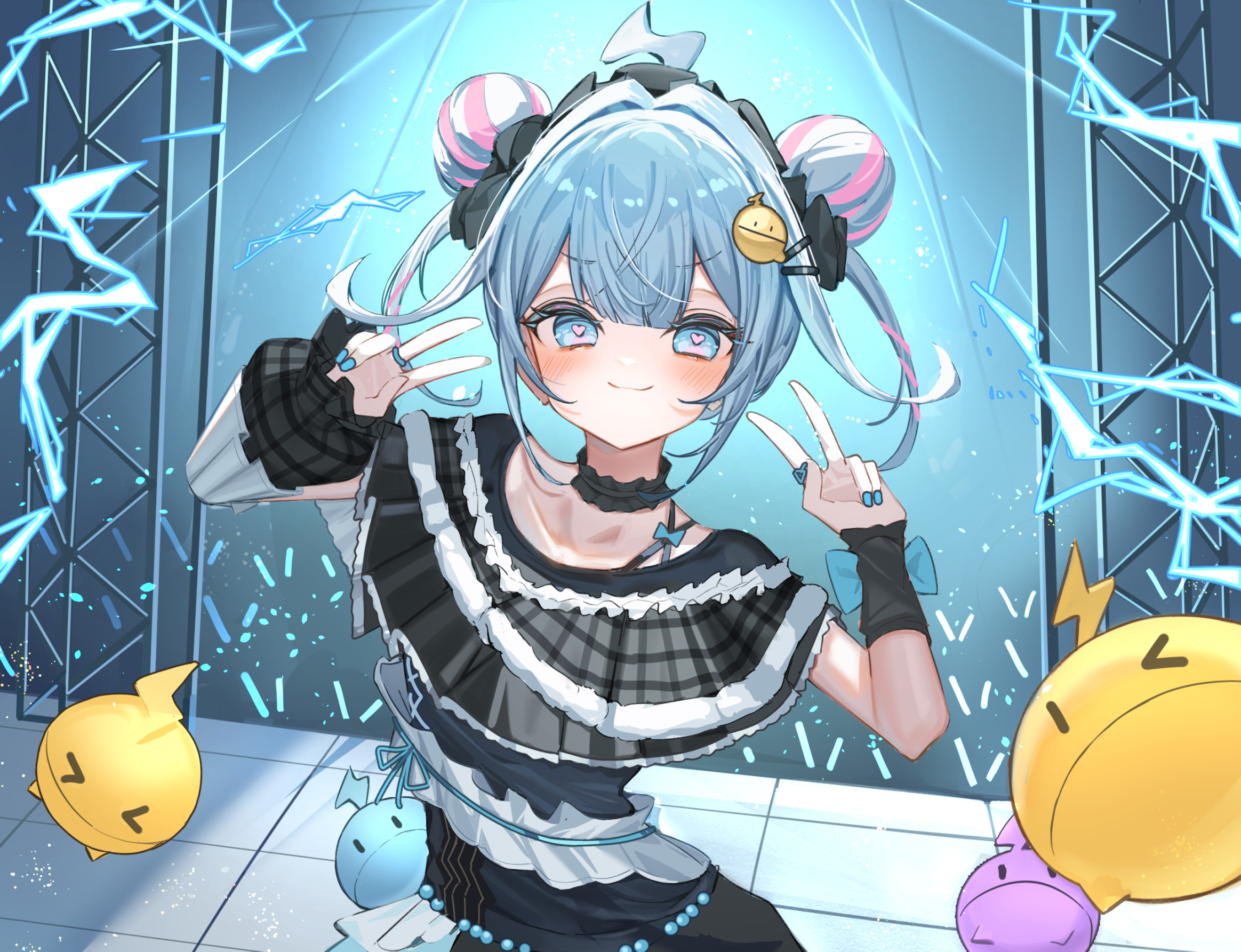 haidollo, mizumiya su, mizumiya su (flowglow uniform), hololive, hololive dev is, hashtag-only commentary, highres, 1girl, ahoge, asymmetrical sleeves, black choker, black dress, black headdress, blue eyes, blue hair, blue nails, blunt bangs, choker, closed mouth, concert, double bun, double v, dress, frilled choker, frilled dress, frills, glowstick, hair bun, hair ornament, heart, heart-shaped pupils, idol, lightning ahoge, looking at viewer, mismatched sleeves, multicolored hair, nail polish, official alternate costume, official alternate hairstyle, penlight (glowstick), pink hair, pink streaks, short hair, smile, solo, stage, stage lights, streaked hair, symbol-shaped pupils, two-tone hair, upper body, v, virtual youtuber