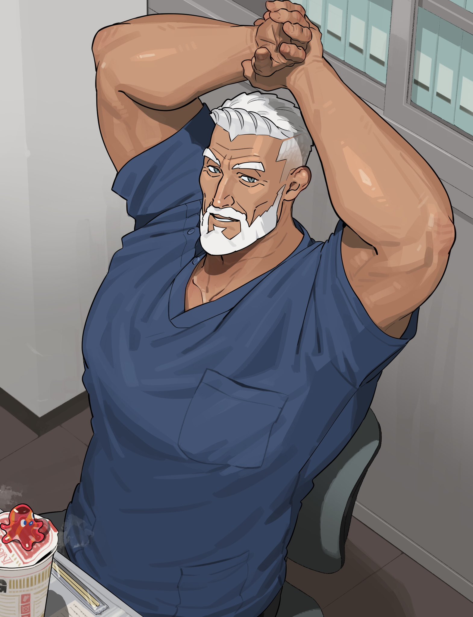 sa1k0p, original, highres, 1boy, arms up, beard, blue eyes, blue shirt, chair, chopsticks, facial hair, full beard, indoors, instant cup noodles, instant noodles, looking at viewer, male focus, manly, mature male, muscular, muscular male, old, old man, on chair, shirt, short hair, sitting, solo, steaming food, table, upper body, white hair