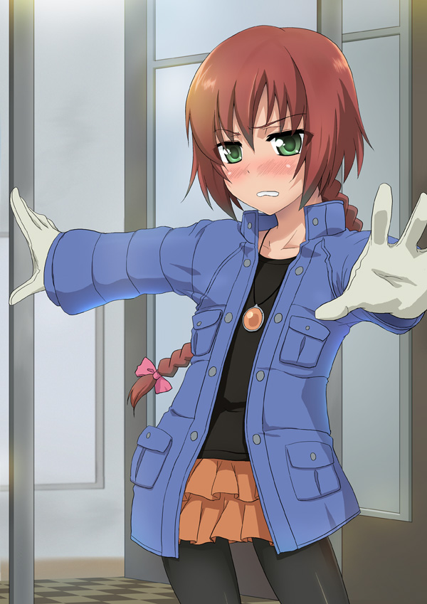 nagisa manoa, suou pavlichenko, darker than black, 00s, blush, braid, coat, dancing, foreshortening, gloves, pantyhose, red hair, single braid, skirt, solo