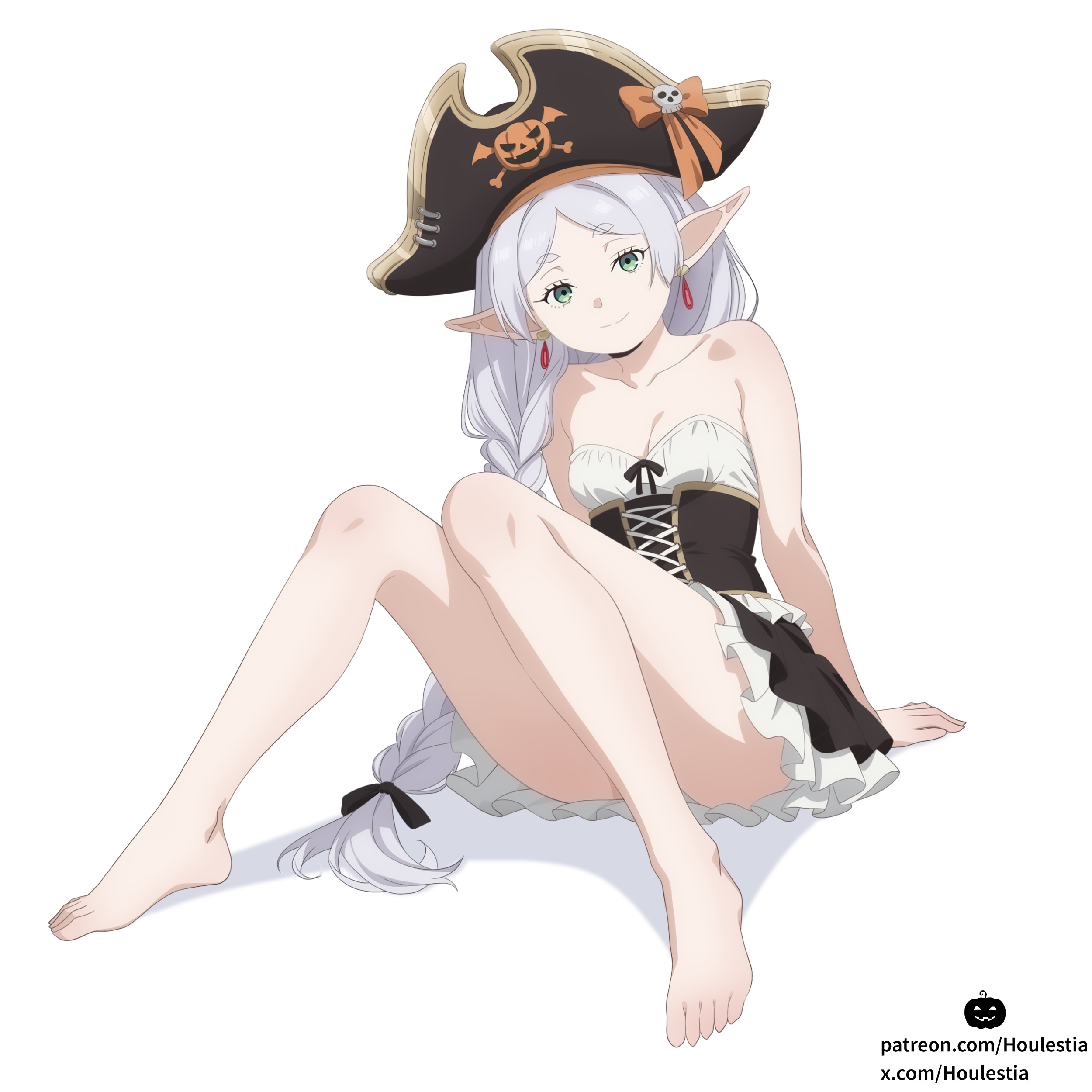 frieren, sousou no frieren, absurdres, commentary request, highres, 1girl, alternate costume, alternate hairstyle, anime coloring, arm support, barefoot, black corset, braid, breasts, cleavage, closed mouth, collarbone, convenient leg, corset, dress, earrings, elf, feet, full body, green eyes, grey hair, halloween, hat, houlestia, jewelry, legs, long hair, looking at viewer, parted lips, patreon username, pirate, pirate hat, pleated dress, pointy ears, short dress, side braid, simple background, sitting, small breasts, soles, solo, strapless, strapless dress, teardrop earrings, thighs, toes, twitter username, very long hair, white background, white dress