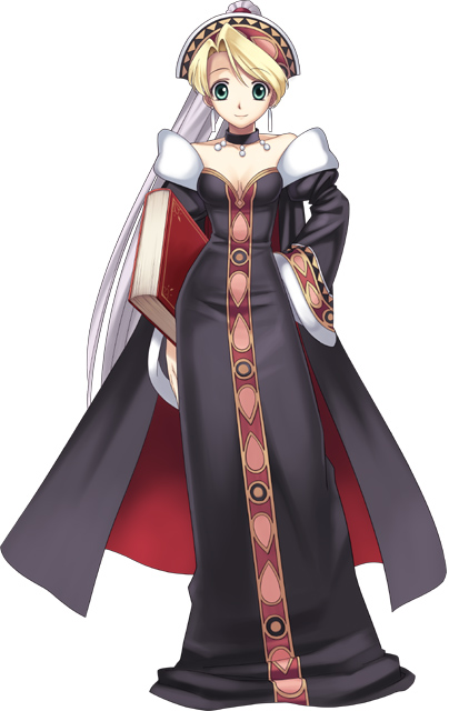 hirano katsuyuki, marlone, atelier (series), atelier marie, cross edge, official art, 1girl, aqua eyes, bare shoulders, blonde hair, book, breasts, choker, cleavage, dress, earrings, female focus, hand on own hip, hat, jewelry, large breasts, long hair, long sleeves, off shoulder, parted bangs, robe, simple background, smile, solo, standing, white background, wide sleeves