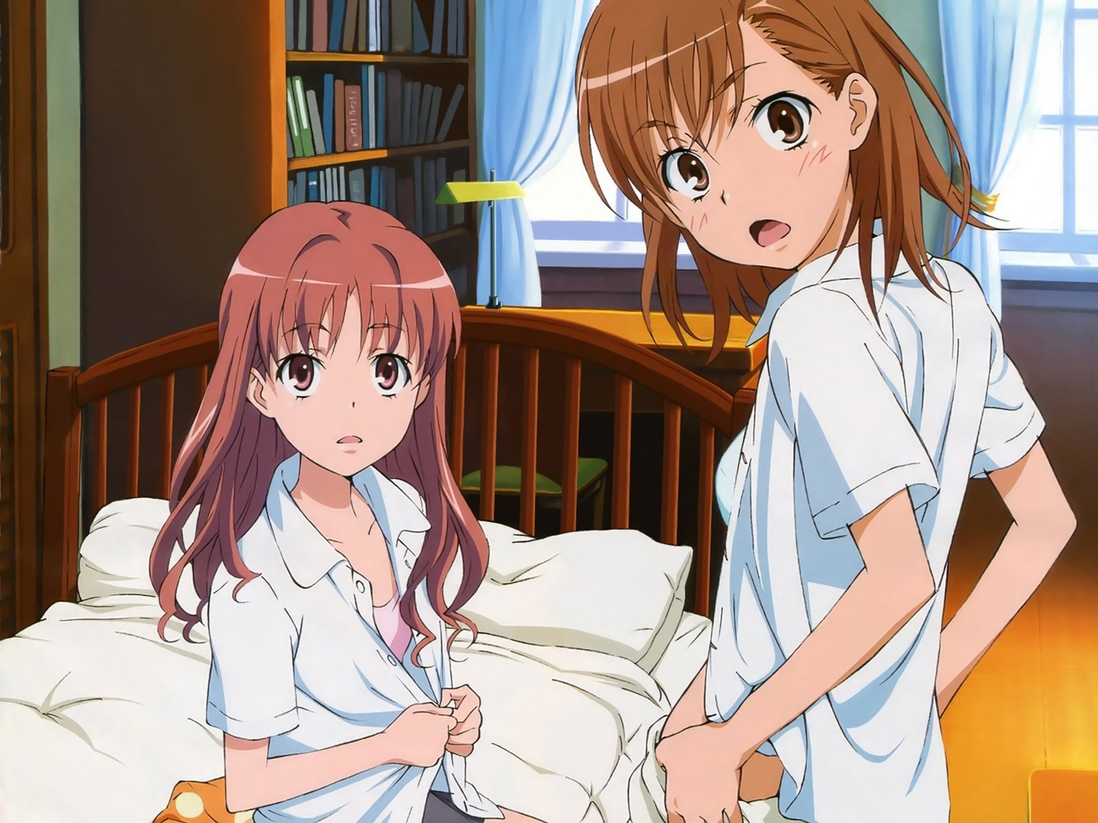 tanaka haruka, misaka mikoto, shirai kuroko, toaru kagaku no railgun, toaru majutsu no index, highres, official art, 00s, 2girls, bed, blush, book, bookshelf, bra, breasts, brown eyes, brown hair, chair, desk, lamp, looking at viewer, multiple girls, open clothes, open mouth, open shirt, pajamas, pajamas pull, parted lips, partially unbuttoned, pillow, short hair, sitting, small breasts, standing, surprised, unbuttoned, unbuttoned shirt, underwear, undressing, window