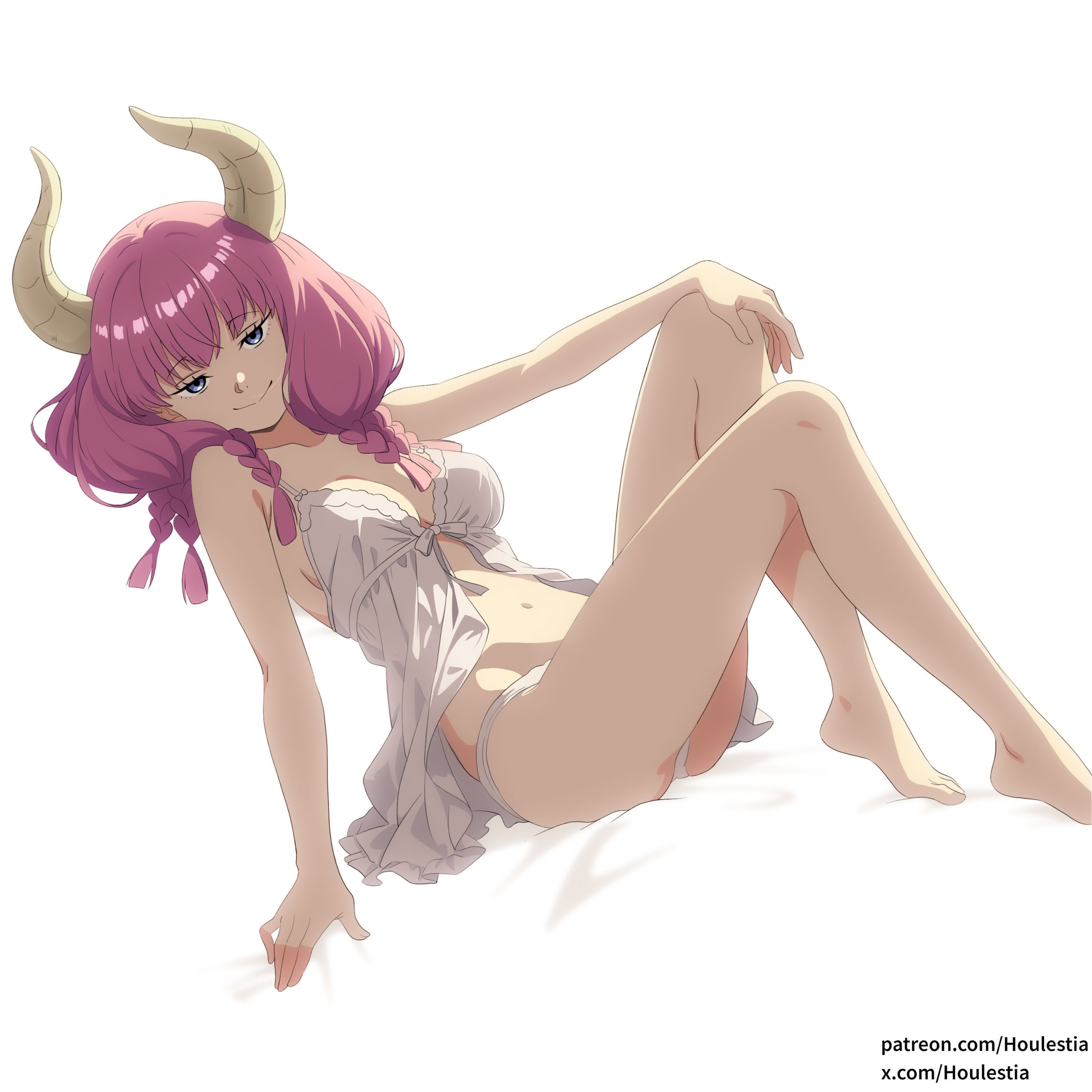 aura (sousou no frieren), sousou no frieren, absurdres, commentary request, highres, 1girl, alternate costume, anime coloring, ass, babydoll, bare legs, barefoot, bed sheet, blue eyes, braid, breasts, closed mouth, collarbone, demon girl, demon horns, feet, hand on own knee, horns, houlestia, knees up, legs, lingerie, long hair, looking at viewer, low-braided long hair, low-tied long hair, medium breasts, navel, panties, patreon username, purple hair, quad braids, simple background, sitting, smug, solo, thighs, toes, twitter username, underwear, white babydoll, white background, white panties