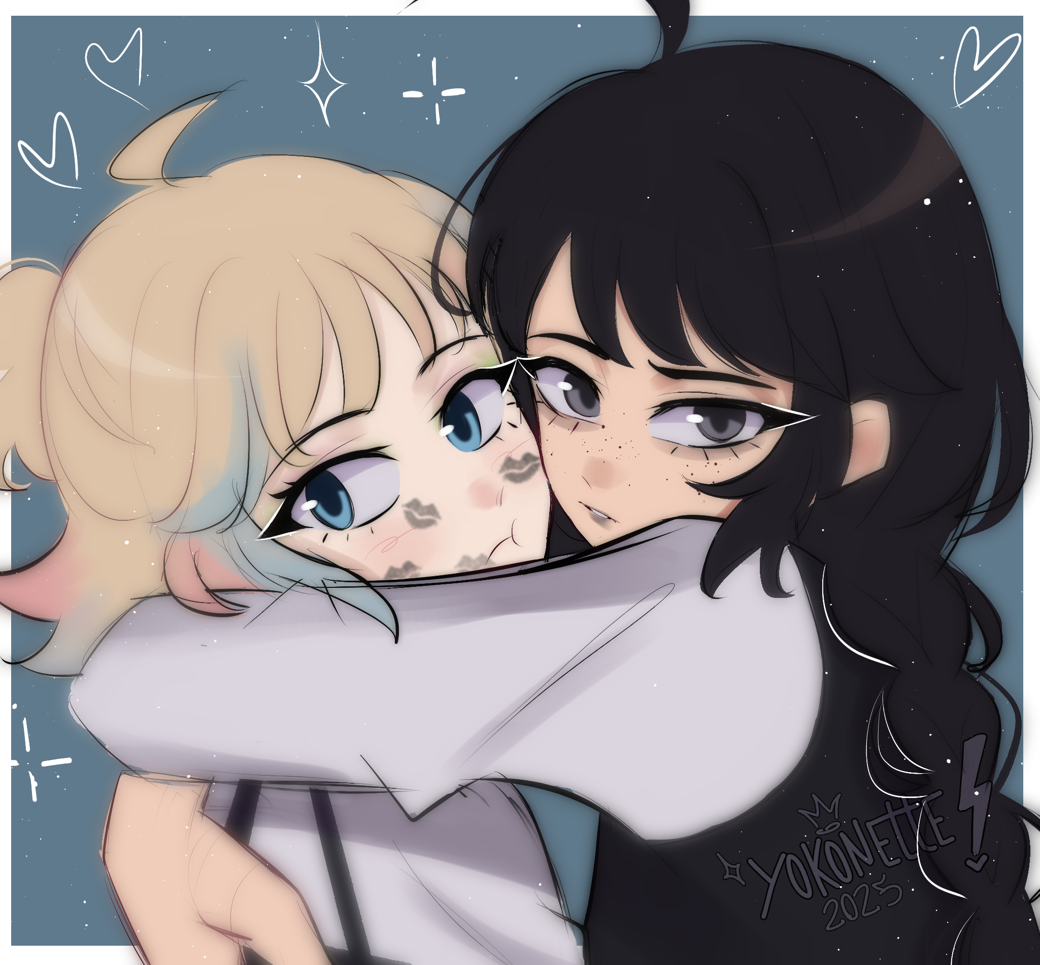 enid sinclair, wednesday addams, the addams family, wednesday (netflix), highres, 2girls, ahoge, artist name, black eyes, black hair, black vest, blonde hair, blue eyes, braid, closed mouth, freckles, from side, frown, grey background, grey shirt, heart, hug, lipstick mark, long hair, medium hair, multiple girls, shirt, upper body, vest, watermark, yokonette, yuri