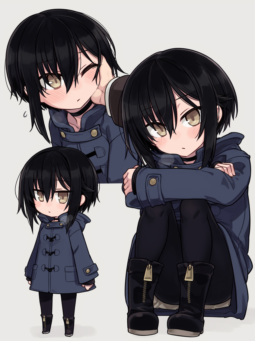 null (nyanpyoun), original, commentary request, 1boy, 1girl, ankle boots, black boots, black hair, black pantyhose, blue coat, blush, boots, brown hair, chibi, closed mouth, coat, expressionless, flying sweatdrops, full body, hair between eyes, hand on another's cheek, hand on another's face, hood, long sleeves, looking at viewer, multiple views, pantyhose, short hair, sitting, standing, steam, zipper