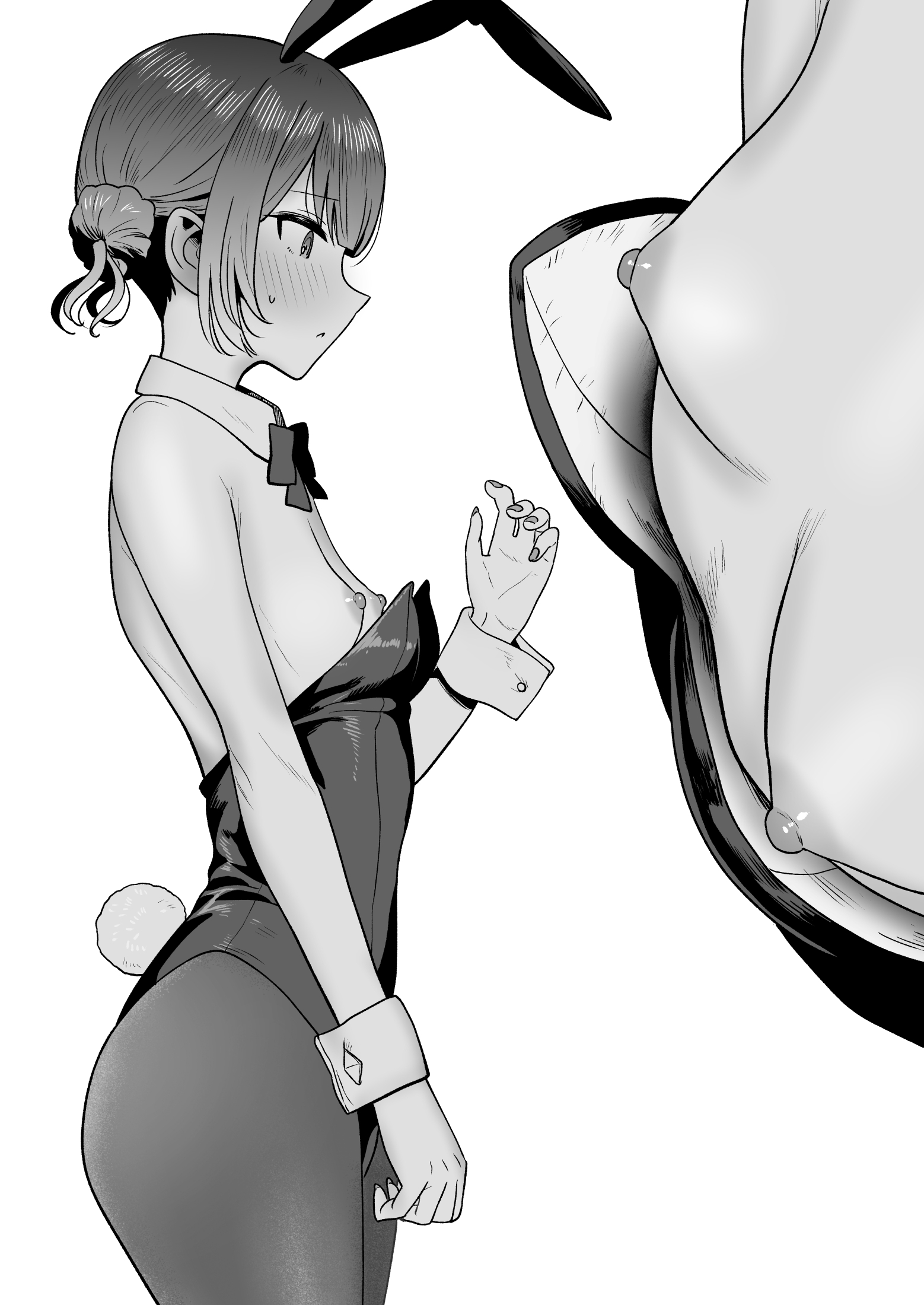 tsurui, morino rinze, idolmaster, idolmaster shiny colors, highres, 1girl, animal ears, blunt bangs, blush, bow, bowtie, breasts, detached collar, fake animal ears, fake tail, fingernails, greyscale, hair bun, leotard, monochrome, multiple views, nipples, oversized breast cup, pantyhose, playboy bunny, profile, rabbit ears, rabbit tail, simple background, single side bun, small breasts, strapless, strapless leotard, sweatdrop, tail, undersized breast cup, white background, wrist cuffs