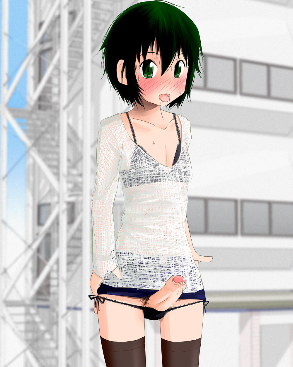 highres, 1boy, androgynous, brown hair, crossdressing, crossdressing (mtf), erection, foreskin, male focus, panties, penis, precum, pubic hair, shota, solo, underwear