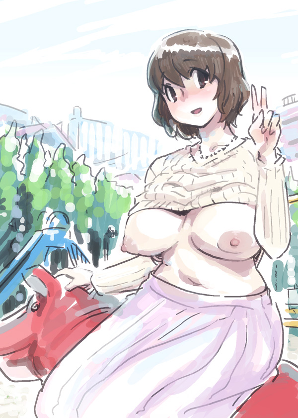 )(, kaqo, original, bad id, bad pixiv id, 1girl, blush, breasts, brown hair, clothes lift, day, exhibitionism, female focus, large breasts, long skirt, looking at viewer, mature female, nipples, no bra, open mouth, outdoors, playground, plump, public indecency, shirt lift, short hair, sitting, skirt, smile, solo, sweater, v