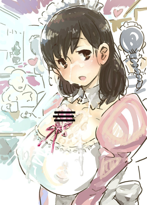 )(, kaqo, original, bad id, bad pixiv id, 1futa, autofacial, autopaizuri, autopaizuri under clothes, black hair, breasts, censored, covered erect nipples, cum, cum on body, cum on clothes, cum on self, cum on upper body, facial, futanari, futanari masturbation, headdress, huge breasts, masturbation, no bra, paizuri, paizuri under clothes, penis, public indecency, ribbon, solo, waitress