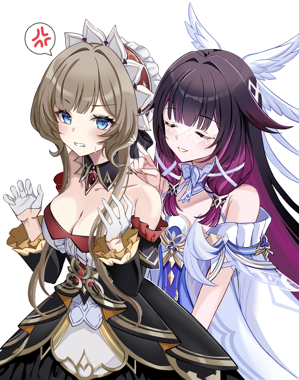 harimoji, columbina (genshin impact), sandrone (genshin impact), genshin impact, highres, 2girls, anger vein, bare shoulders, black dress, black hair, blue dress, blue eyes, blush, bonnet, breasts, brown hair, choker, cleavage, clenched teeth, closed eyes, collarbone, colored inner hair, detached collar, detached sleeves, dress, eye mask, gloves, gold trim, hair ornament, hair ribbon, head wings, headdress, long hair, long sleeves, looking at viewer, mask, medium breasts, multicolored hair, multiple girls, red hair, ribbon, short hair with long locks, sidelocks, simple background, small breasts, spoken anger vein, teeth, two-tone dress, white dress, white gloves, white mask, wide sleeves, wing hair ornament, wings, x-shaped eyewear