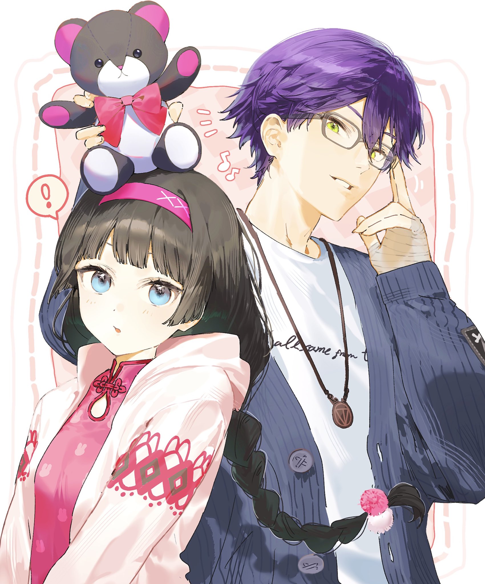kenmochi touya, tsukino mito, nijisanji, highres, !, 1boy, 1girl, :o, adjusting eyewear, animal print, bandaged hand, bandages, bespectacled, blue cardigan, blue eyes, blunt bangs, blunt sidelocks, blush, border, braid, buttons, cardigan, dashed border, double-parted bangs, eighth note, floating hair, gensan 1130, glasses, green eyes, grey-framed eyewear, grin, hair between eyes, hair ornament, hand up, head tilt, headband, holding, holding stuffed toy, hood, hoodie, jewelry, long hair, long sleeves, looking at viewer, mandarin collar, musical note, necklace, official alternate costume, open cardigan, open clothes, open hoodie, outside border, parted lips, pink background, pink headband, pink hoodie, pink shirt, plaid background, pom pom (clothes), pom pom hair ornament, print hoodie, purple hair, rabbit print, ribbed sweater, shirt, sidelocks, single braid, sleeves past wrists, smile, spoken exclamation mark, stuffed animal, stuffed toy, sweater, t-shirt, teddy bear, upper body, virtual youtuber, white border, white shirt