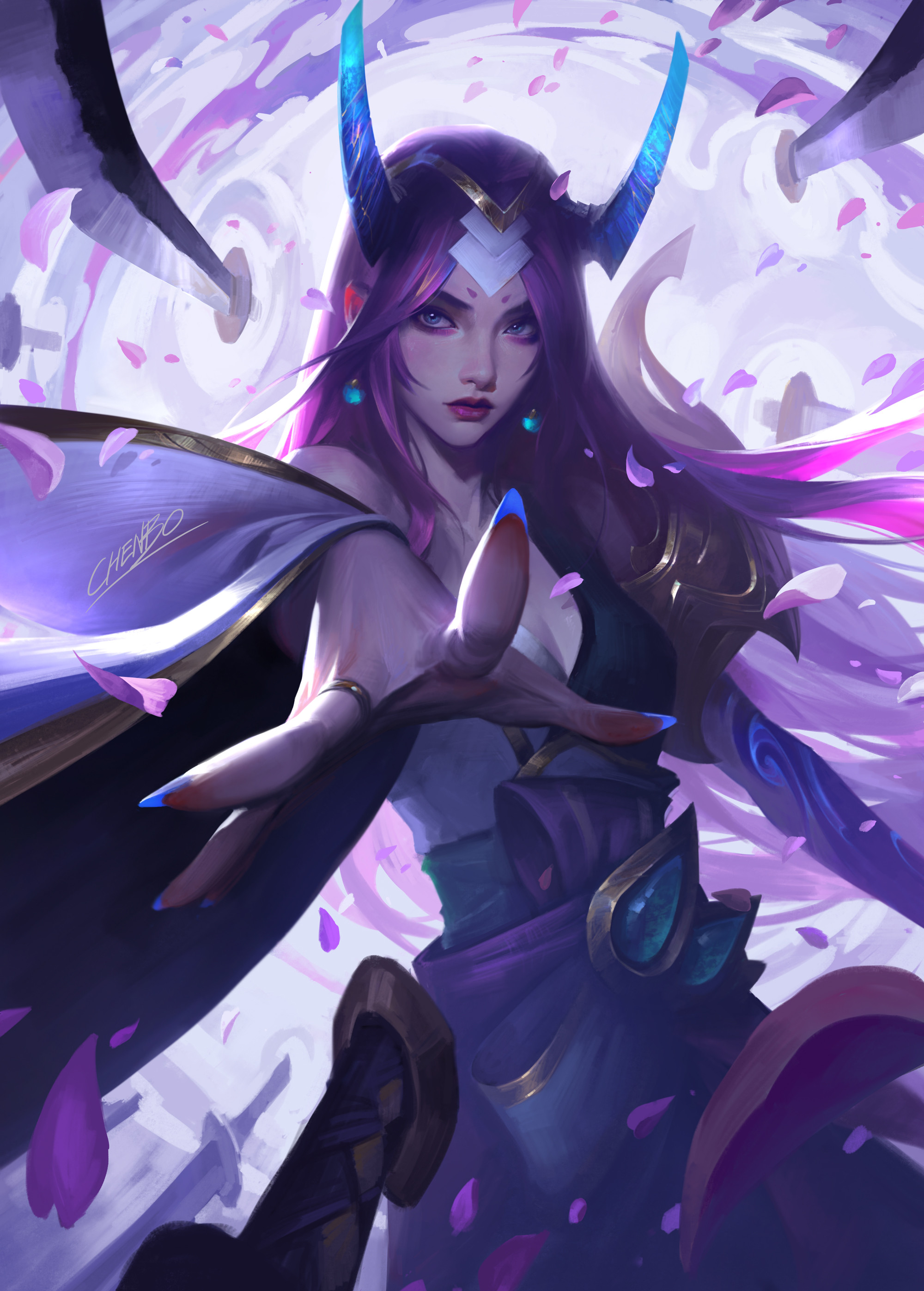 chenbo, irelia, league of legends, absurdres, commentary, english commentary, highres, official art, 1girl, blue eyes, blue horns, blue nails, breasts, circlet, cleavage, cowboy shot, detached sleeves, earrings, eyeshadow, falling petals, gold circlet, horns, japanese clothes, jewelry, kimono, lipstick, long hair, long horns, looking ahead, makeup, medium breasts, outstretched arm, petals, pink eyeshadow, pink lips, pink petals, purple hair, reaching, reaching towards viewer, ring, sash, short eyebrows, signature, solo, spirit blossom (league of legends), spirit blossom irelia, sword, weapon