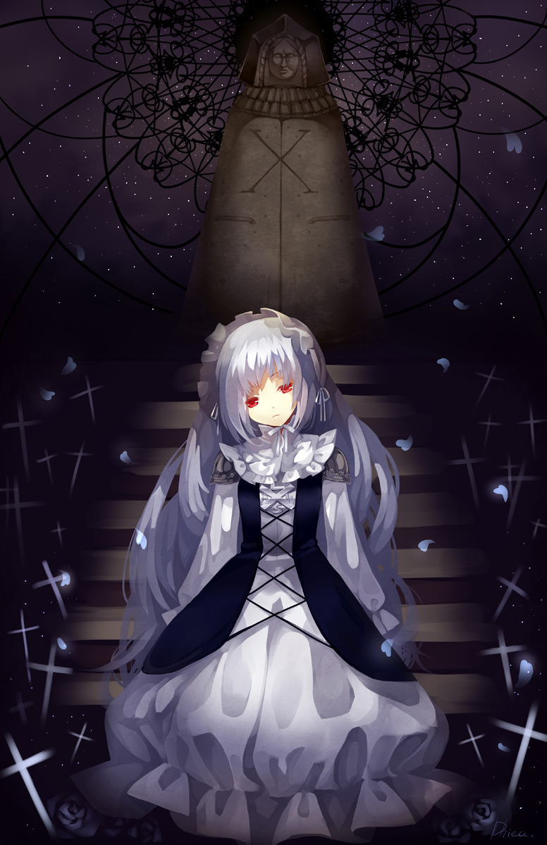 dhiea, iron maiden jeanne, shaman king, silver hair, bad id, bad pixiv id, highres, 1girl, cross, dress, female focus, flower, hairband, iron maiden, jeanne (shaman king), long hair, petals, red eyes, solo, stairs, universe
