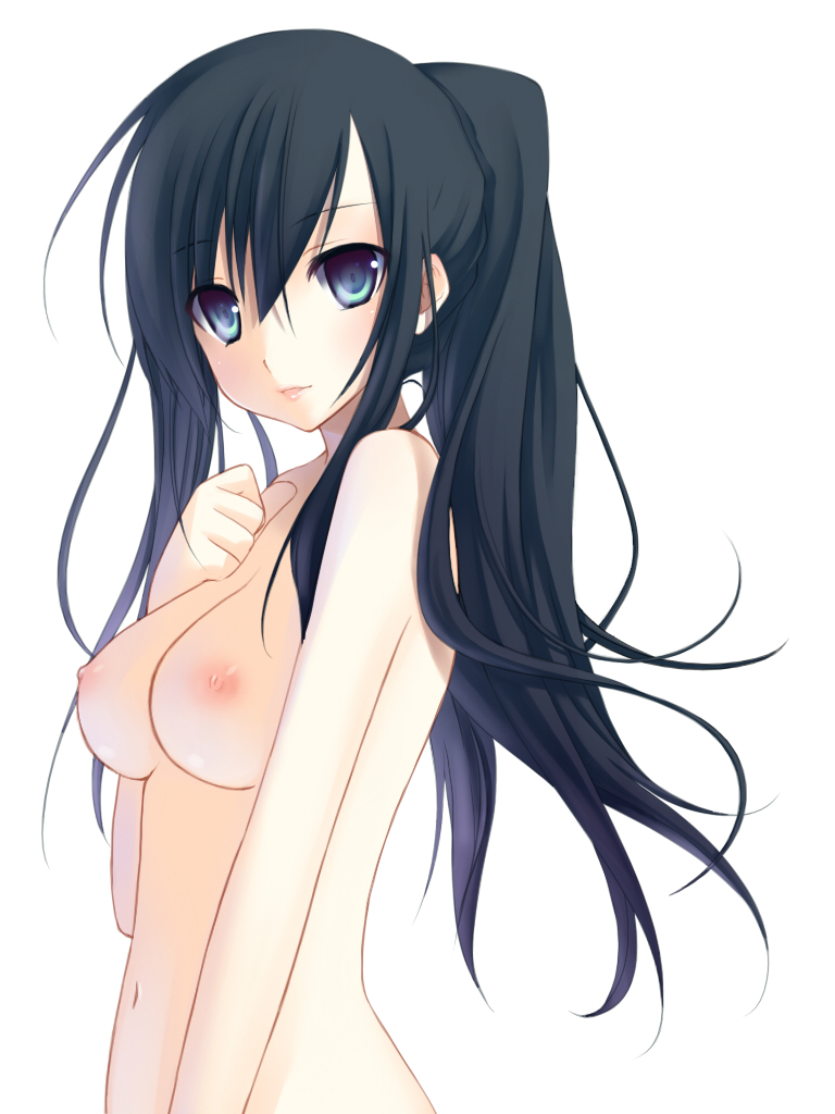 nana mikoto, original, 1girl, black hair, blue eyes, breasts, female focus, lips, navel, nipples, nude, ponytail, solo