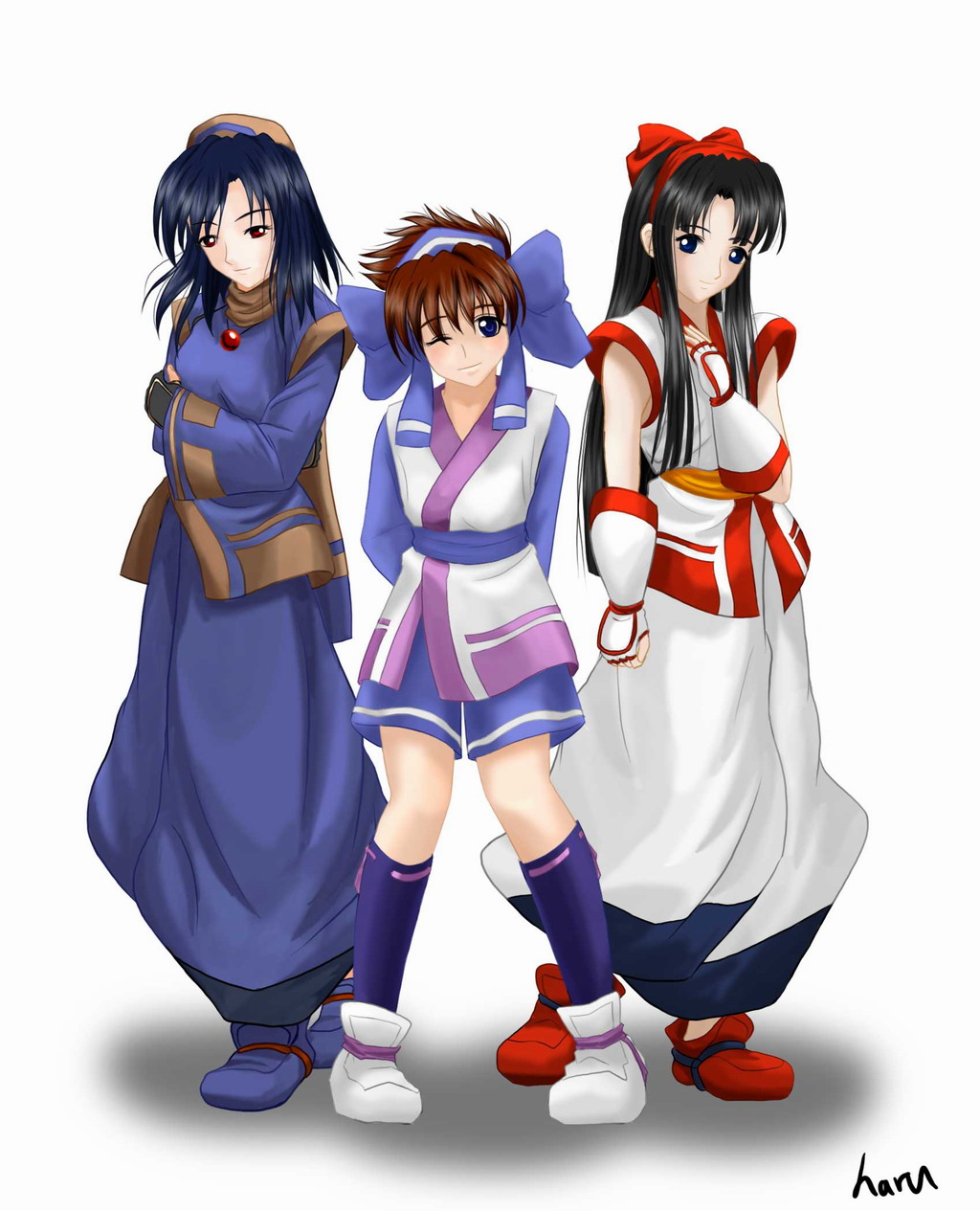 nakoruru, rera, rimururu, samurai spirits, snk, highres, 3girls, black hair, blue eyes, blue hair, brown eyes, brown hair, female focus, full body, multiple girls, red eyes, siblings, sisters, standing, white background