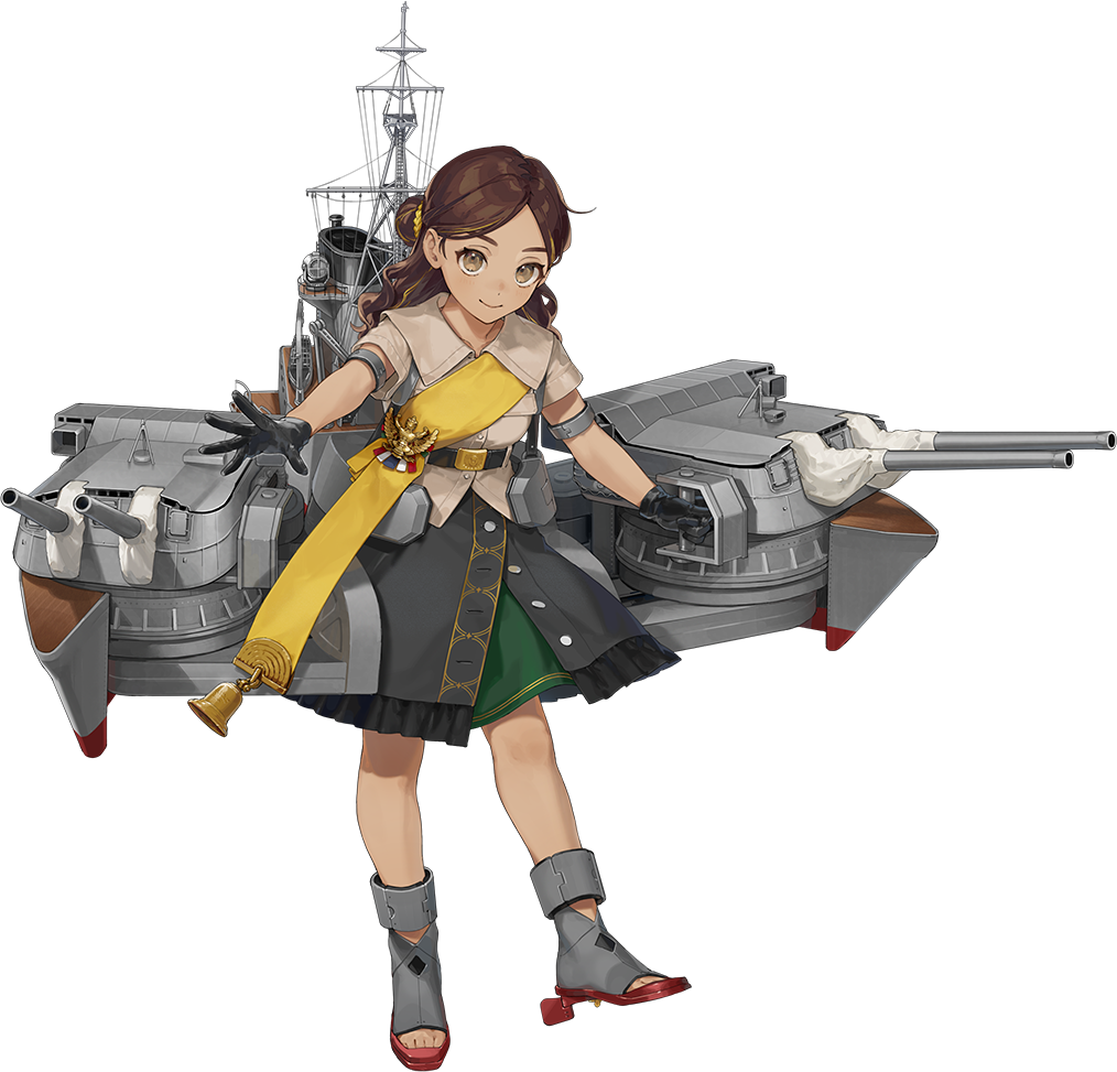 kantai collection, artist request, bad link, 1girl, bell, black gloves, black skirt, brown eyes, brown hair, brown shirt, cannon, dark-skinned female, dark skin, full body, gloves, leaning forward, long hair, looking at viewer, machinery, mast, military uniform, open-toe shoes, rudder footwear, sash, shirt, short sleeves, skirt, smile, solo, thonburi (kancolle), transparent background