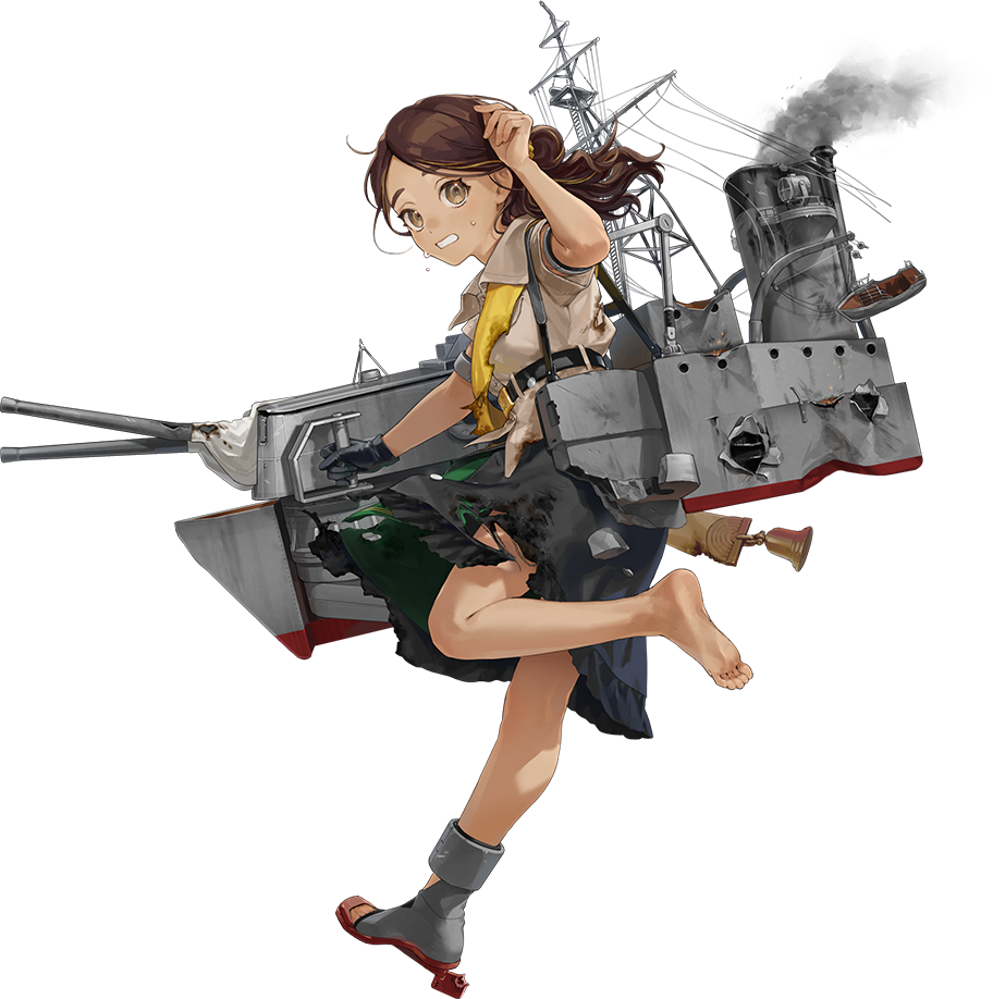 kantai collection, artist request, 1girl, barefoot, bell, black gloves, black skirt, brown eyes, brown hair, brown shirt, burnt clothes, cannon, damaged, dark-skinned female, dark skin, from behind, full body, gloves, leaning forward, long hair, looking at viewer, machinery, mast, military uniform, open-toe shoes, rudder footwear, running, sash, shirt, shoes, short sleeves, single shoe, skirt, smoke, solo, thonburi (kancolle), transparent background, wince