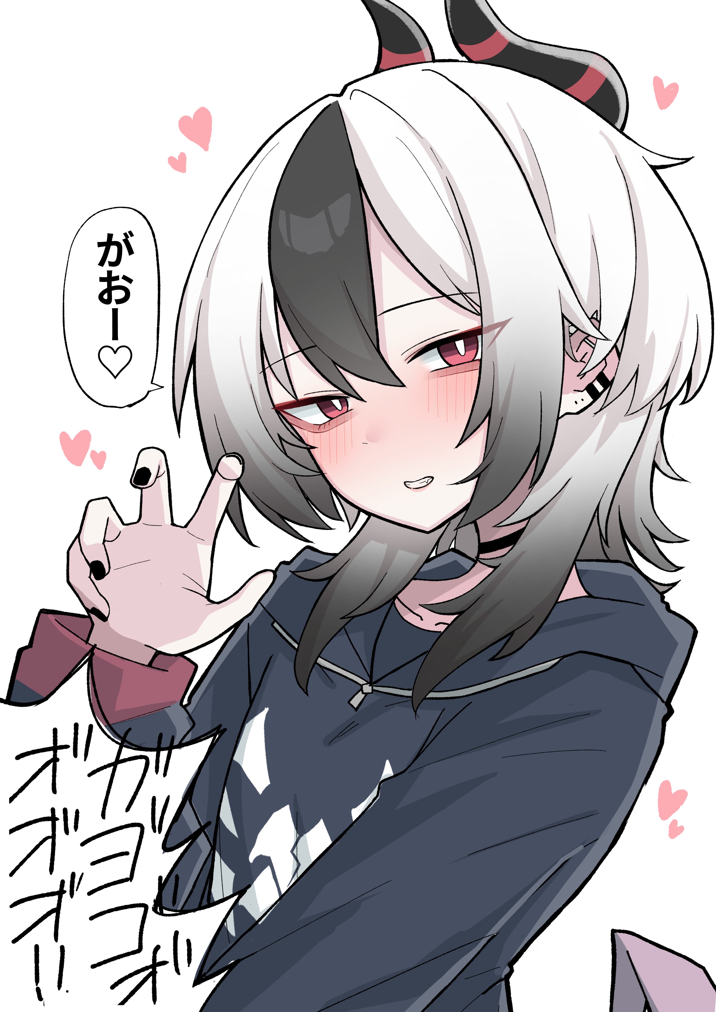 nyanzai-sensei, kayoko (blue archive), blue archive, absurdres, highres, translation request, 1girl, black choker, black hair, black hoodie, black horns, black nails, blush, bright pupils, choker, from above, grin, hair between eyes, heart, hood, hoodie, horns, long sleeves, looking at viewer, looking to the side, multicolored hair, red eyes, simple background, smile, solo, speech bubble, two-tone hair, upper body, white background, white hair, white pupils